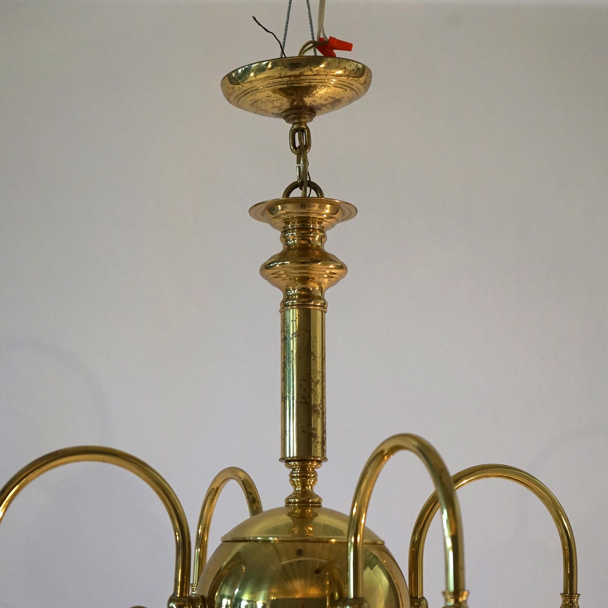 Brass Five-Light Hanging Fixture with Tear Drop Swirl Glass Shades 20th C For Sale 5