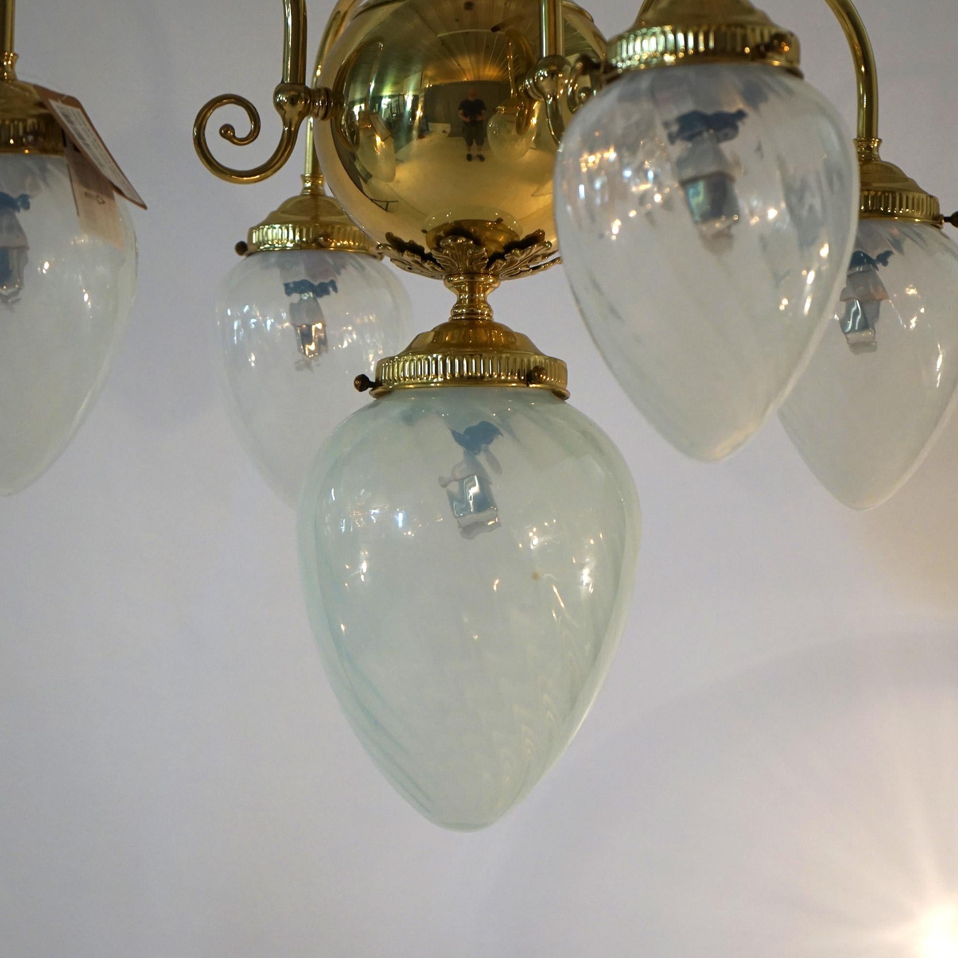 Brass Five-Light Hanging Fixture with Tear Drop Swirl Glass Shades 20th C For Sale 6
