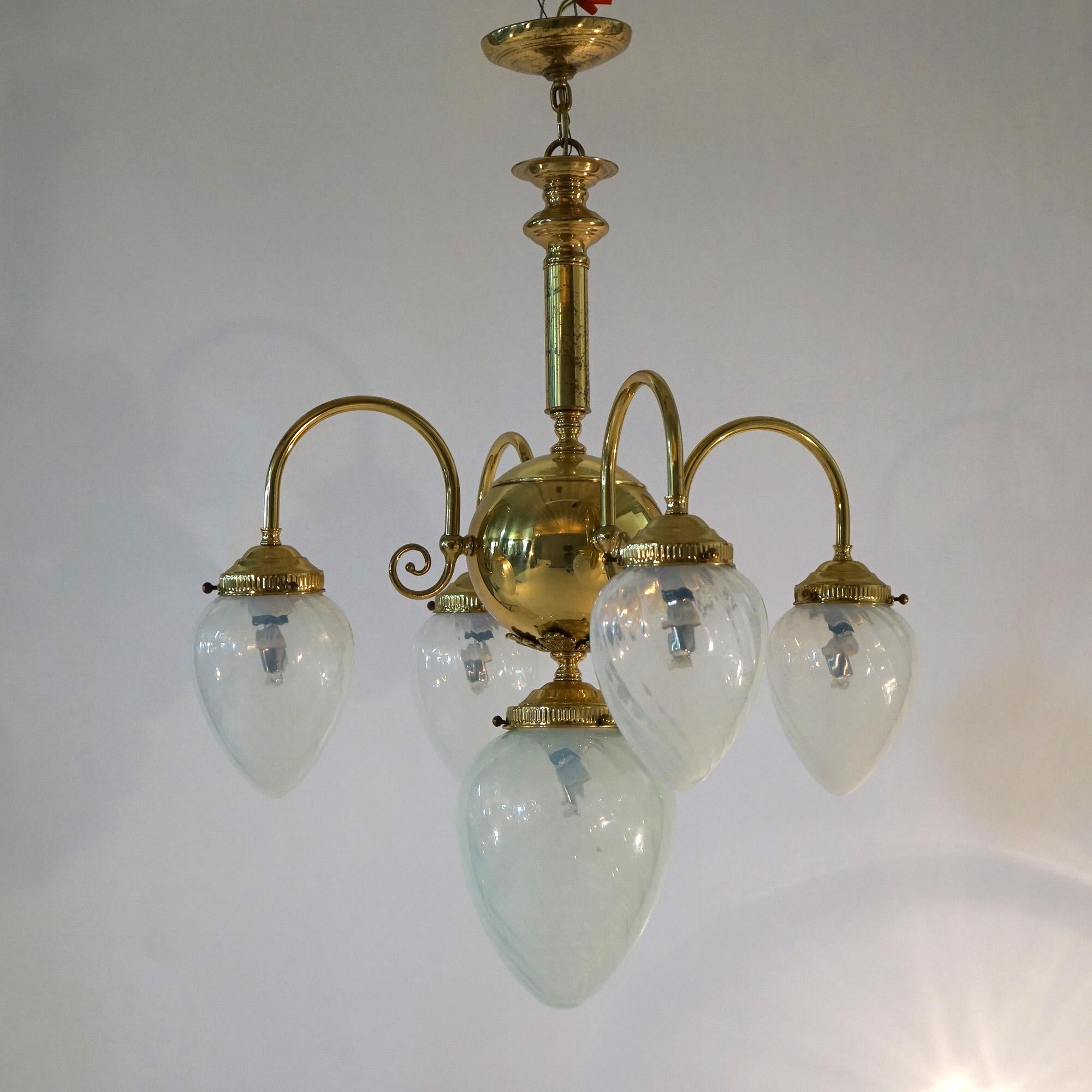 Brass Five-Light Hanging Fixture with Tear Drop Swirl Glass Shades 20th C For Sale 7