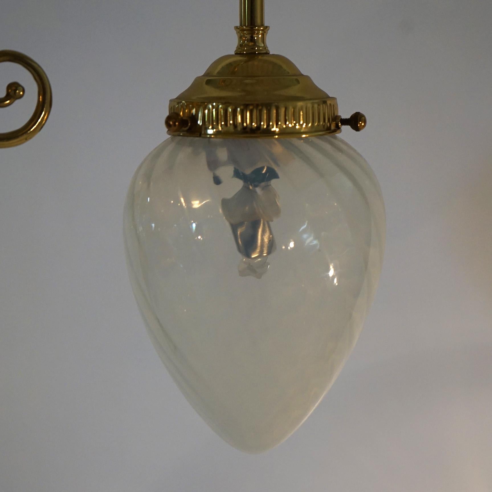 Brass Five-Light Hanging Fixture with Tear Drop Swirl Glass Shades 20th C For Sale 8