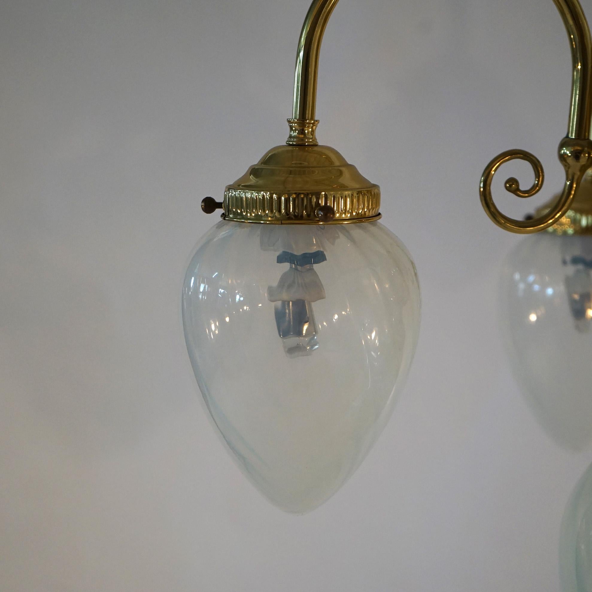 Brass Five-Light Hanging Fixture with Tear Drop Swirl Glass Shades 20th C For Sale 9