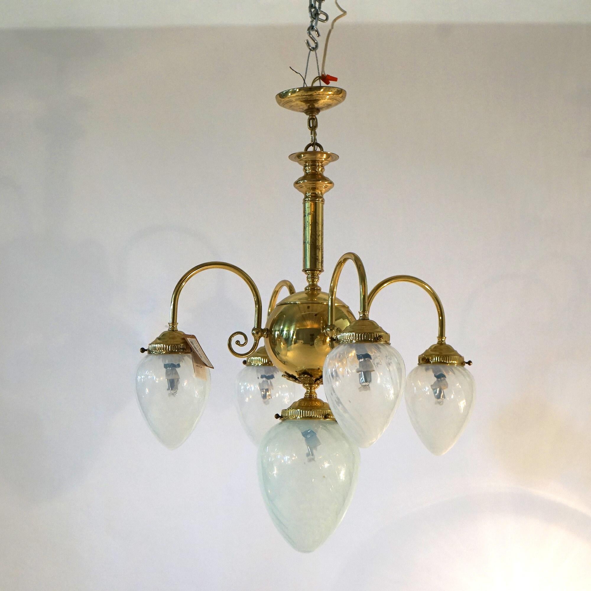 American Brass Five-Light Hanging Fixture with Tear Drop Swirl Glass Shades 20th C For Sale