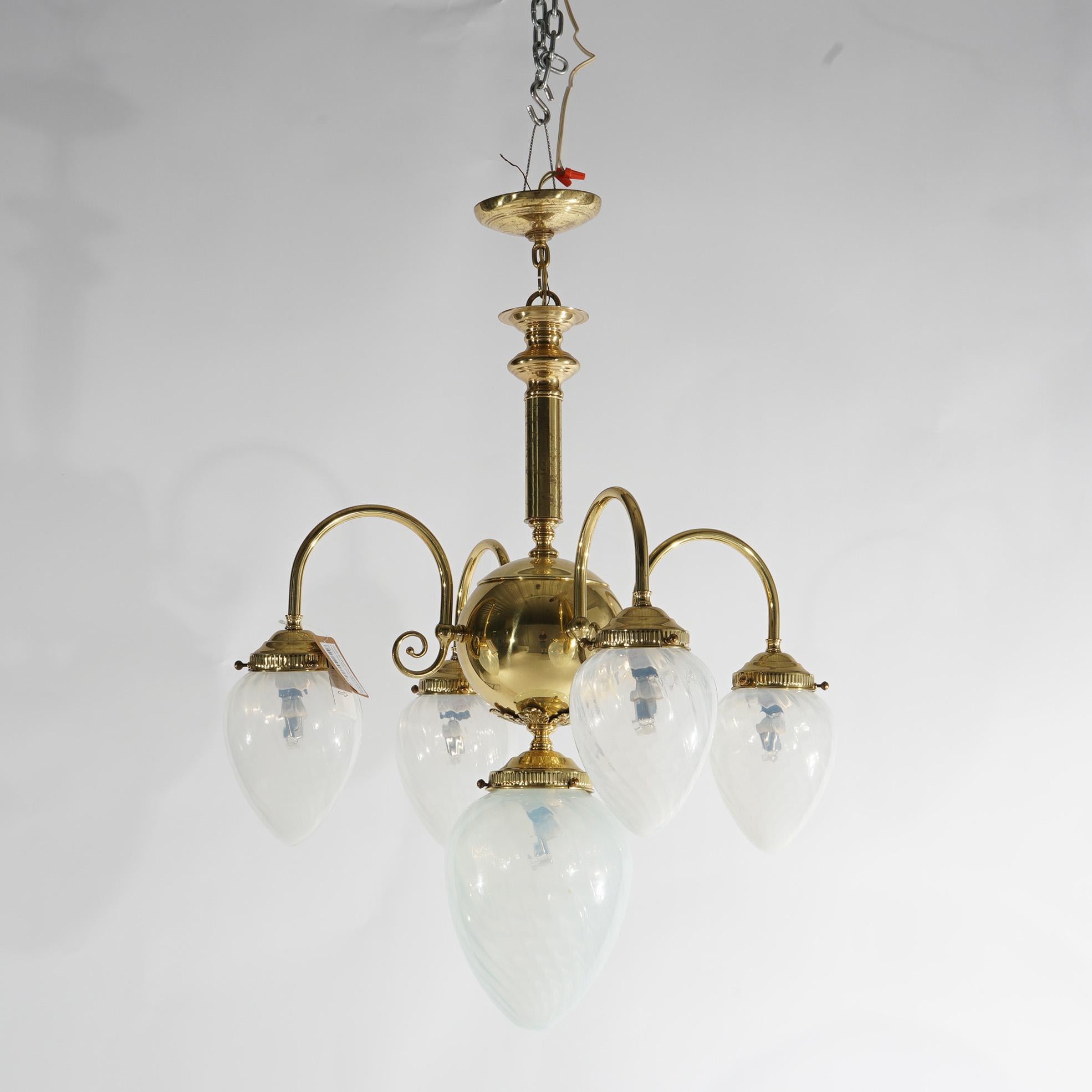 Brass Five-Light Hanging Fixture with Tear Drop Swirl Glass Shades 20th C In Good Condition For Sale In Big Flats, NY