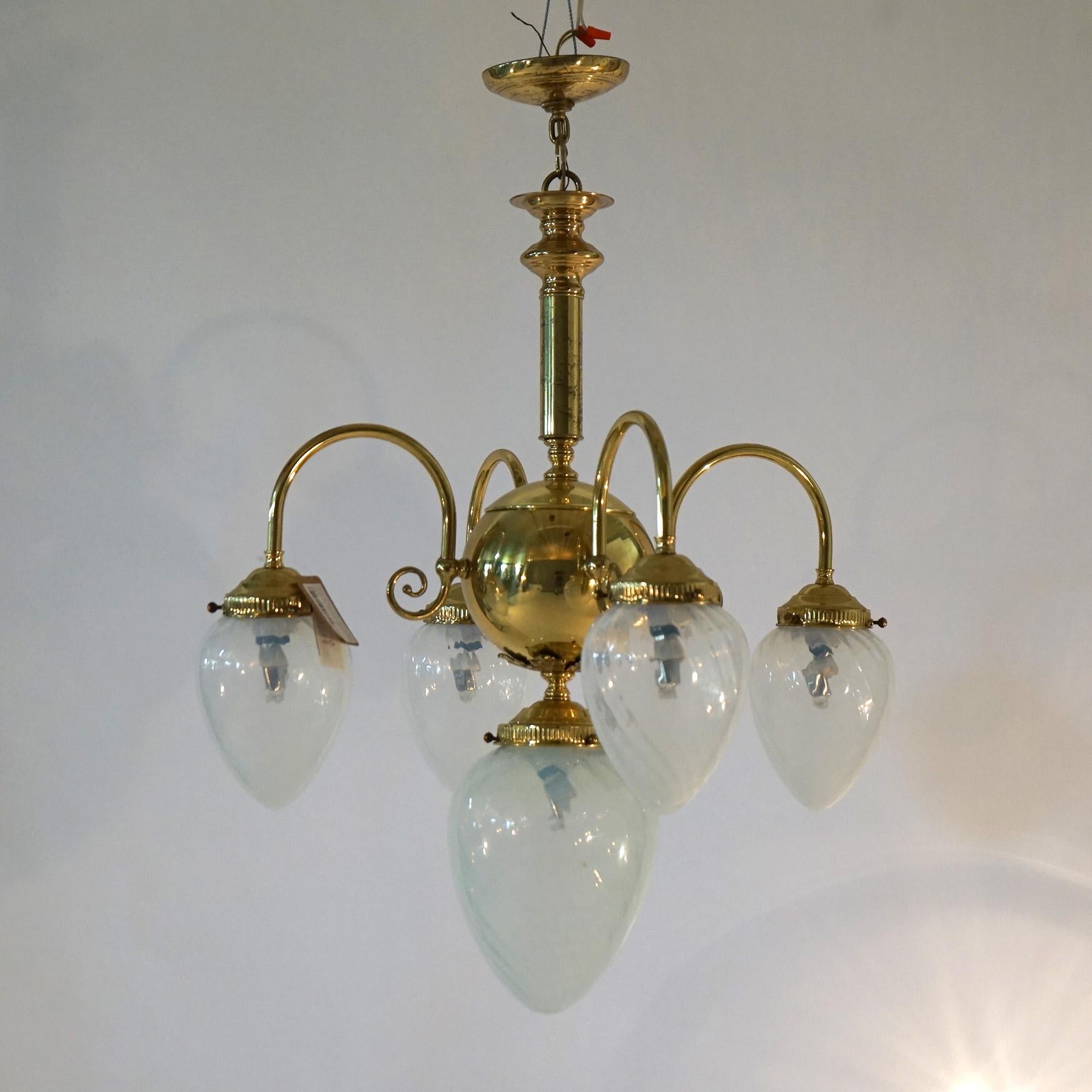20th Century Brass Five-Light Hanging Fixture with Tear Drop Swirl Glass Shades 20th C For Sale