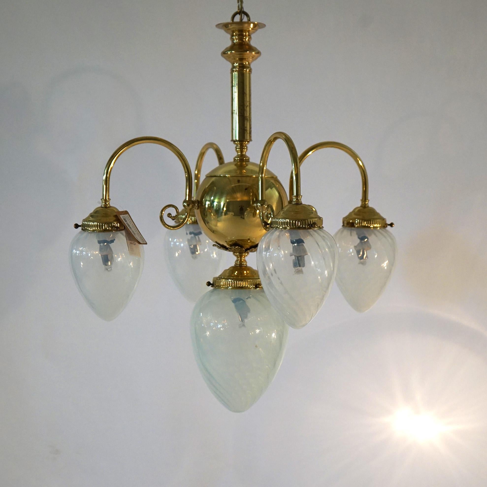 Brass Five-Light Hanging Fixture with Tear Drop Swirl Glass Shades 20th C For Sale 1