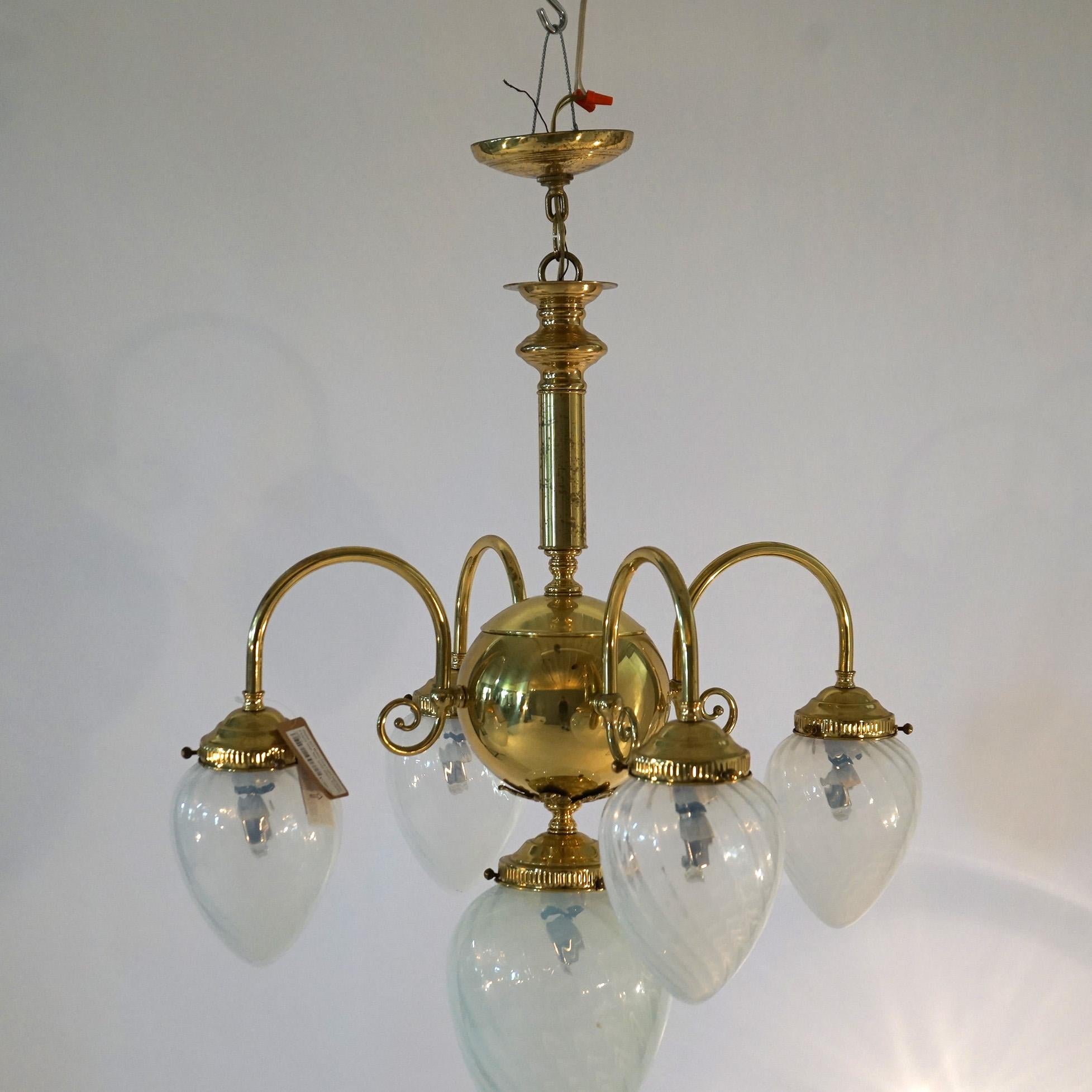 Brass Five-Light Hanging Fixture with Tear Drop Swirl Glass Shades 20th C For Sale 2