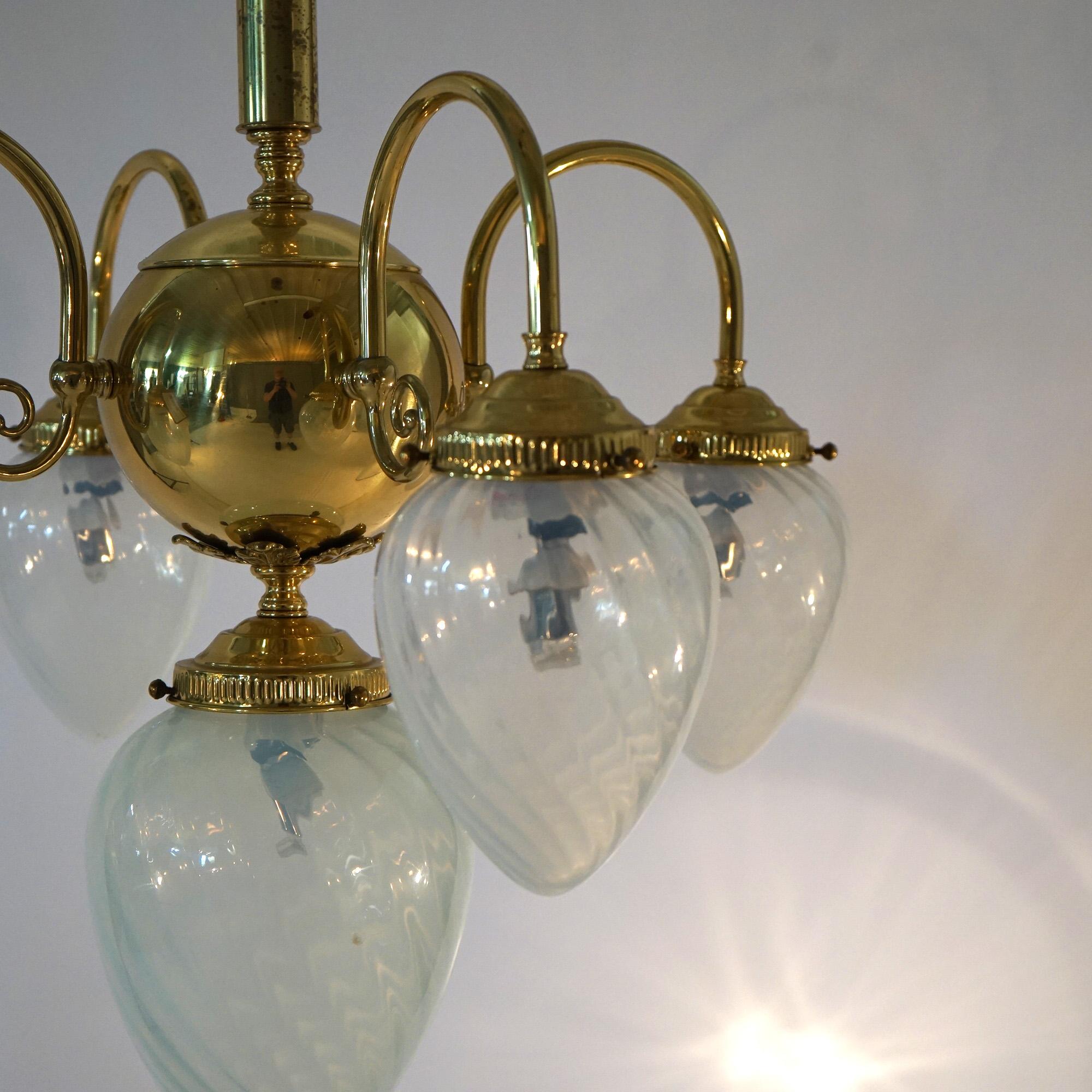 Brass Five-Light Hanging Fixture with Tear Drop Swirl Glass Shades 20th C For Sale 3