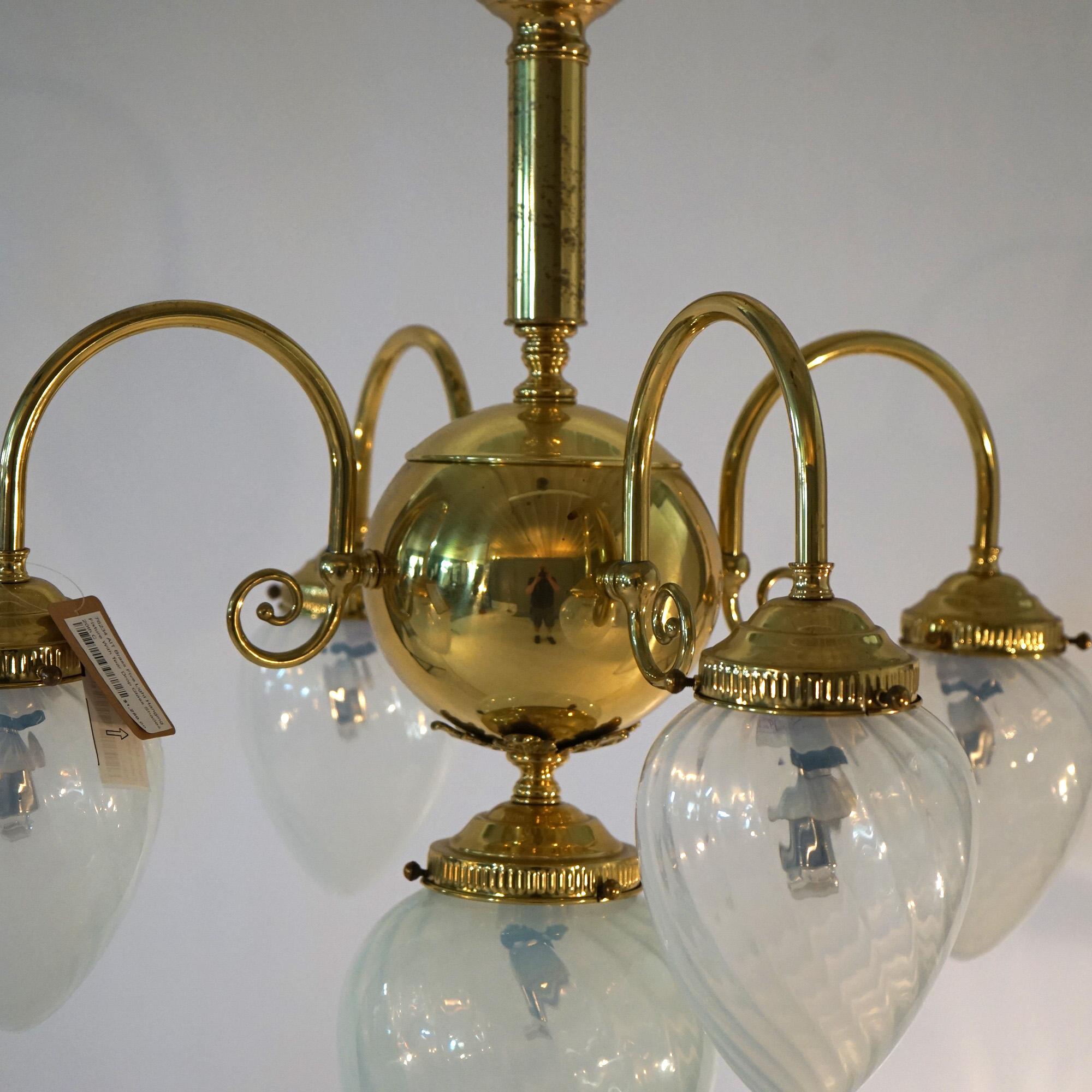Brass Five-Light Hanging Fixture with Tear Drop Swirl Glass Shades 20th C For Sale 4