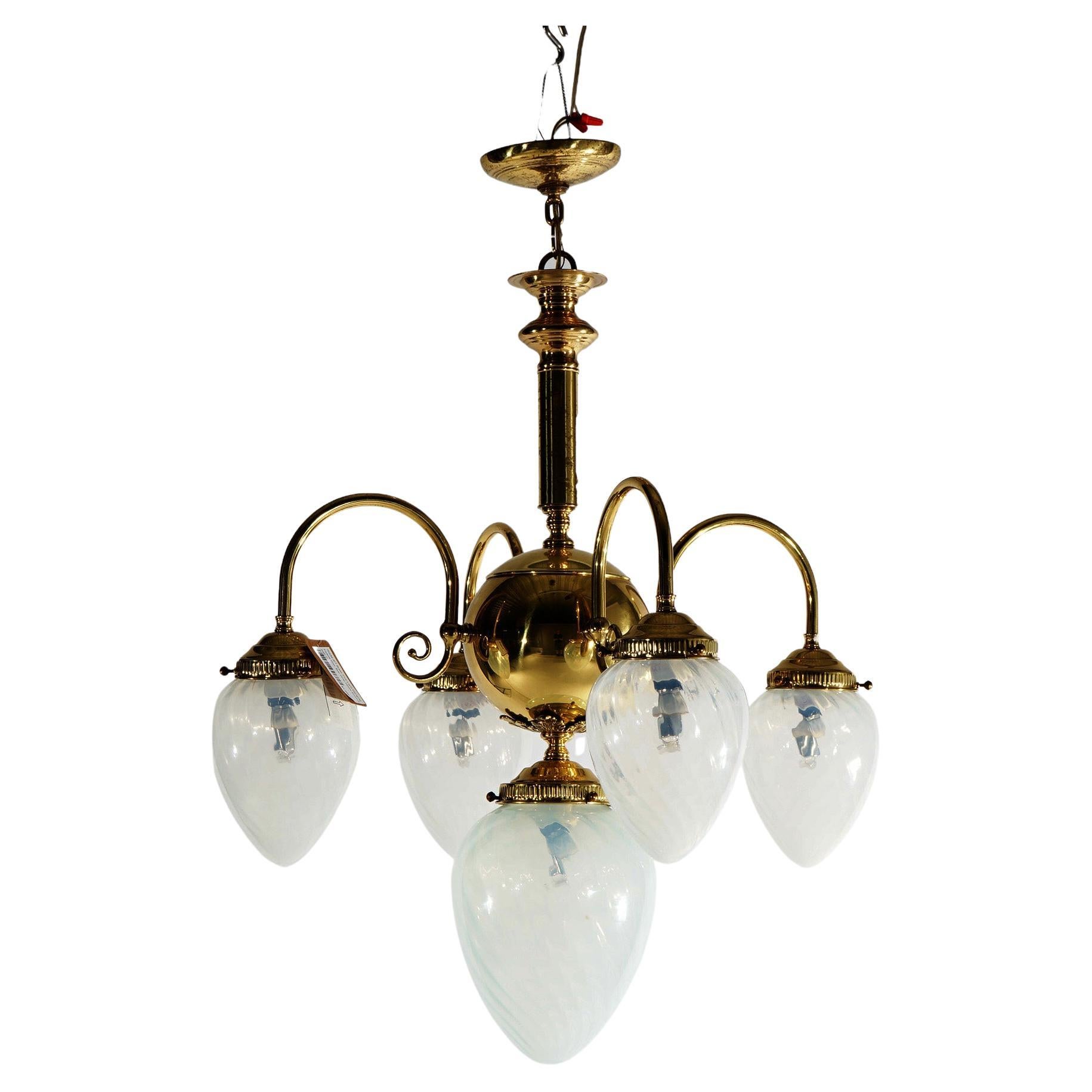 Brass Five-Light Hanging Fixture with Tear Drop Swirl Glass Shades 20th C For Sale