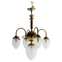 Vintage Brass Five-Light Hanging Fixture with Tear Drop Swirl Glass Shades 20th C