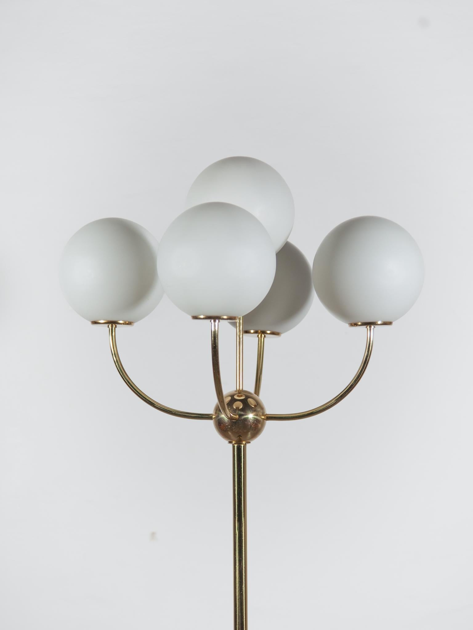 Mid-Century Modern Brass Five Opal Globe Floor Lamp, 1970s, Germany For Sale