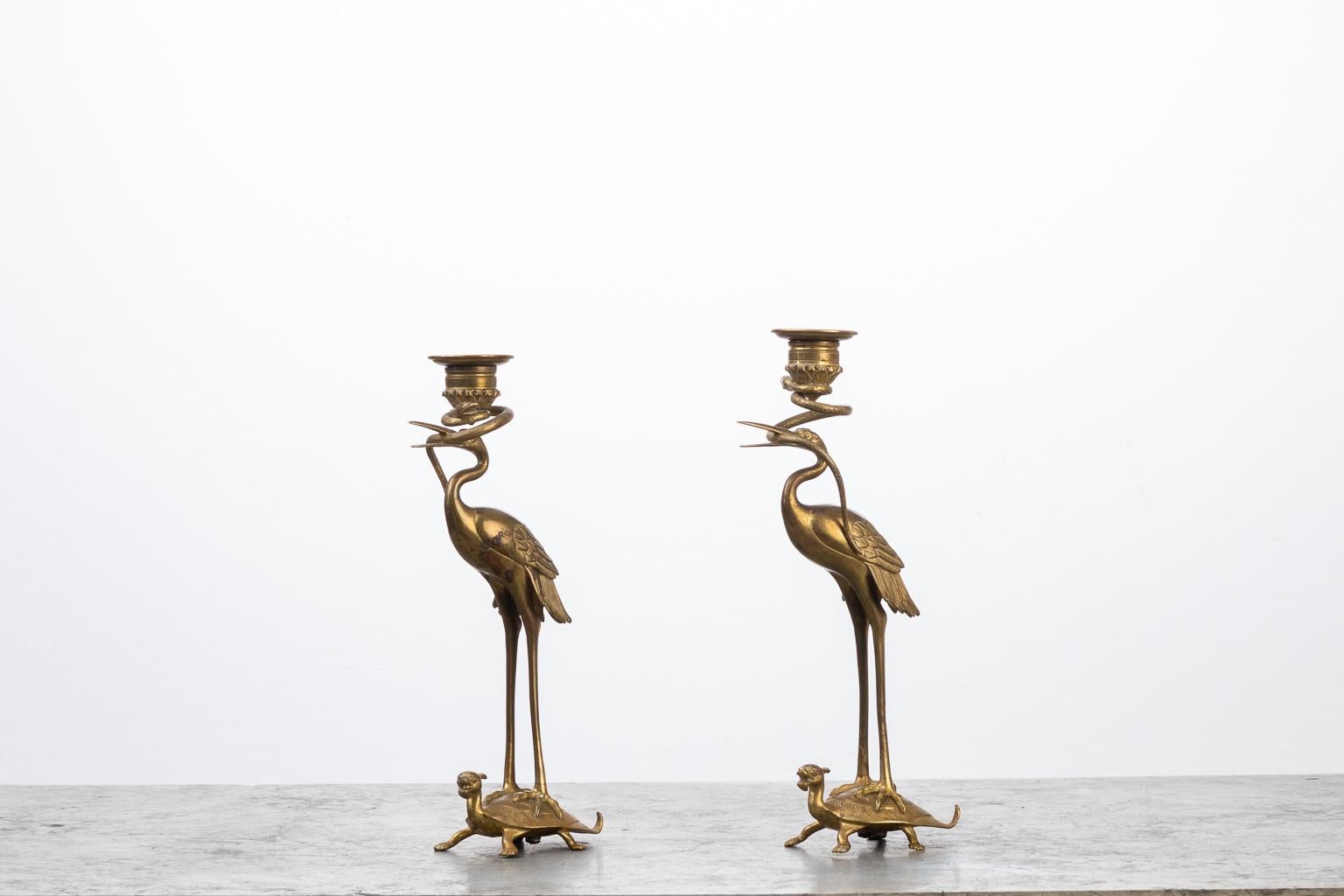 Swedish Brass Flamingo Candlesticks from the 1880s