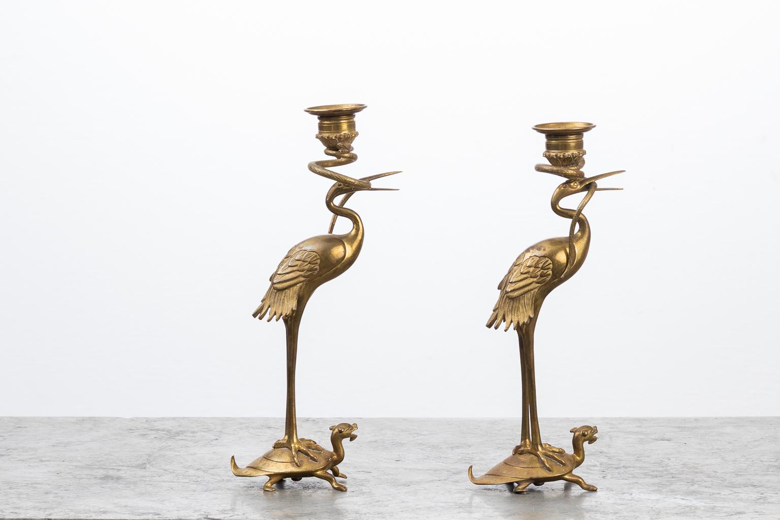 Brass Flamingo Candlesticks from the 1880s In Good Condition In Kramfors, SE
