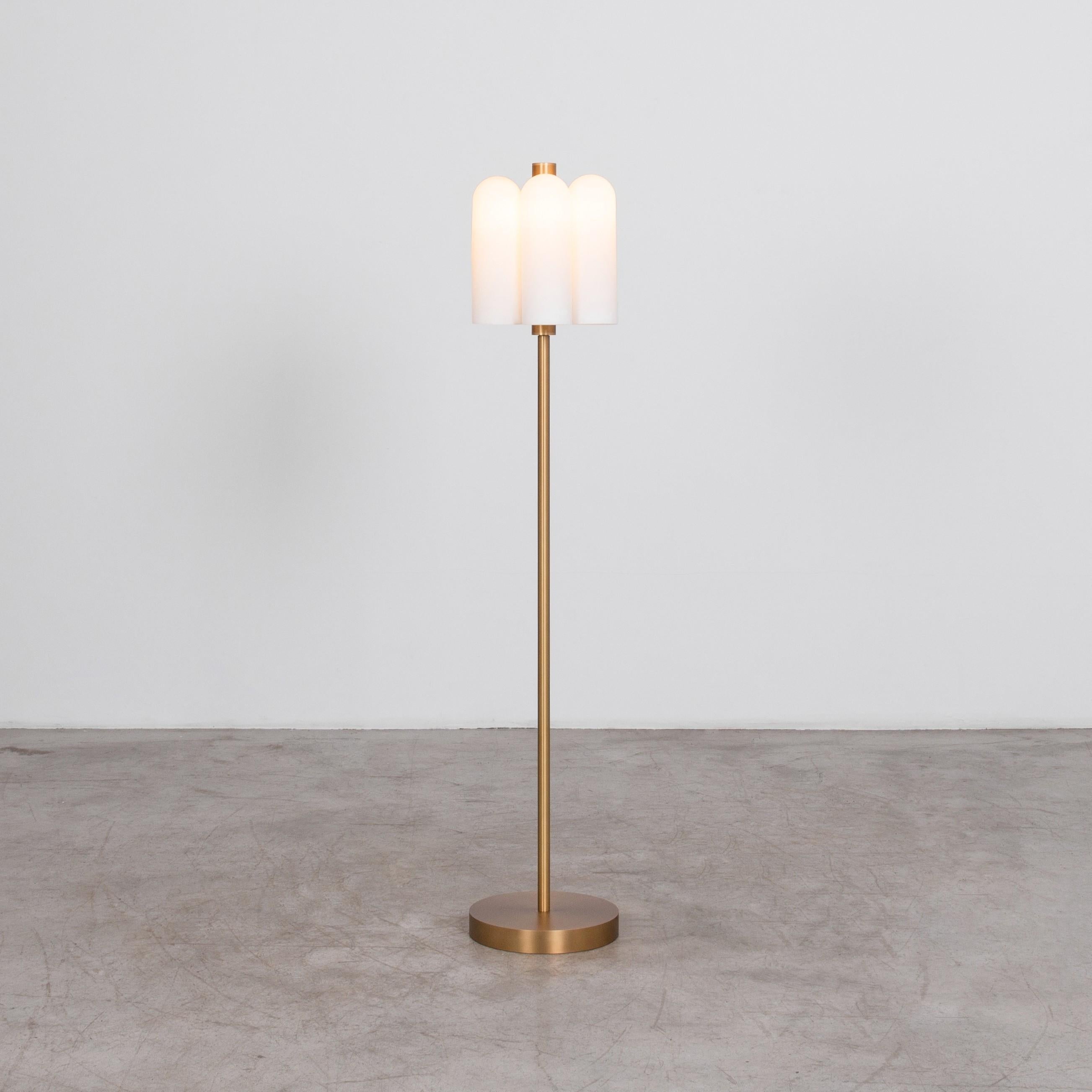 Odyssey 6 Brass floor lamp by Schwung
Dimensions: W 31.5 x D 31.5 x H 155 cm
Materials: Brass, frosted glass

Finishes available: Black gunmetal, polished nickel, brass
Other sizes available

Schwung is a German word, and loosely defined, means