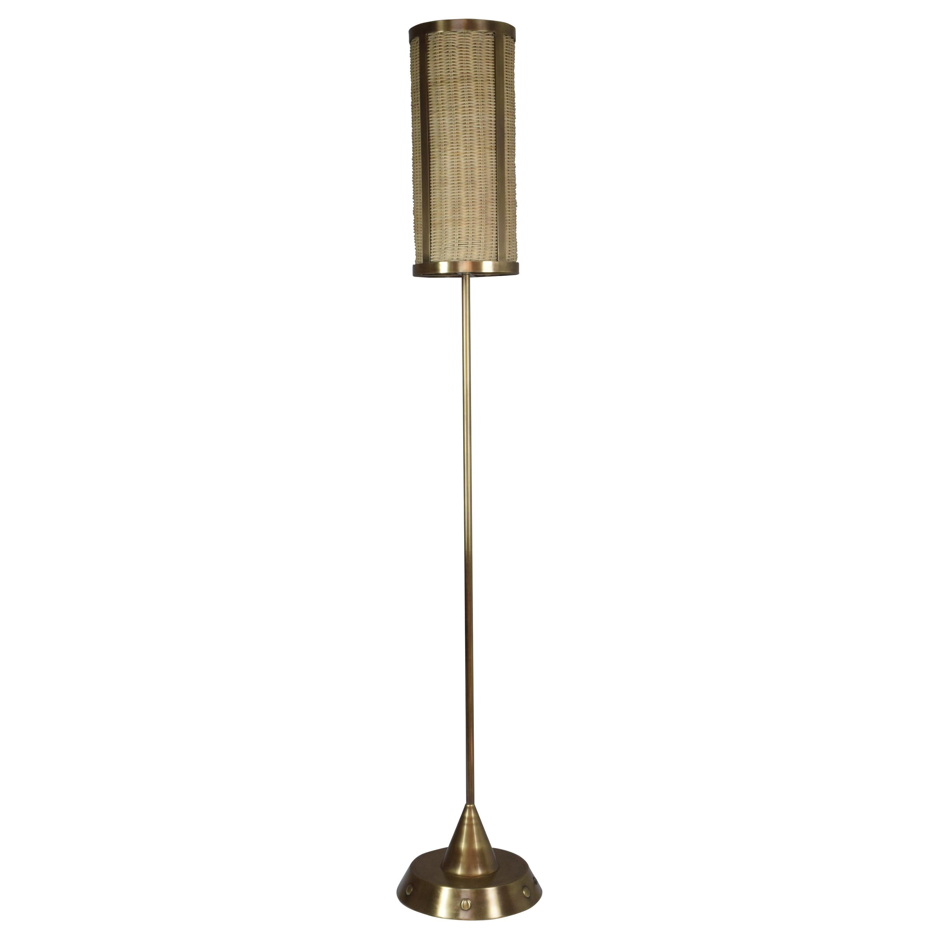 Brass and Rattan Floor Lamp by JAS