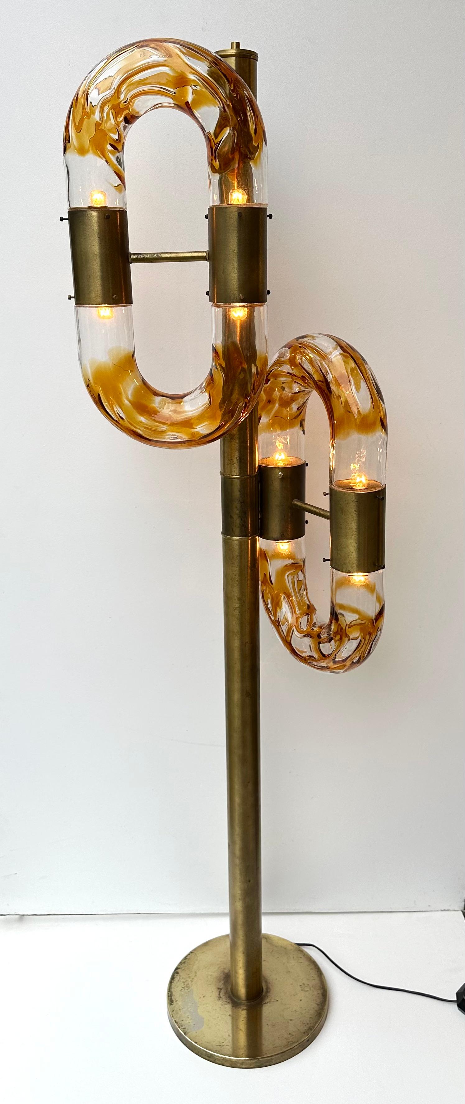 Space Age Brass Floor Lamp Murano Glass by Aldo Nason for Mazzega, Italy, 1970s For Sale
