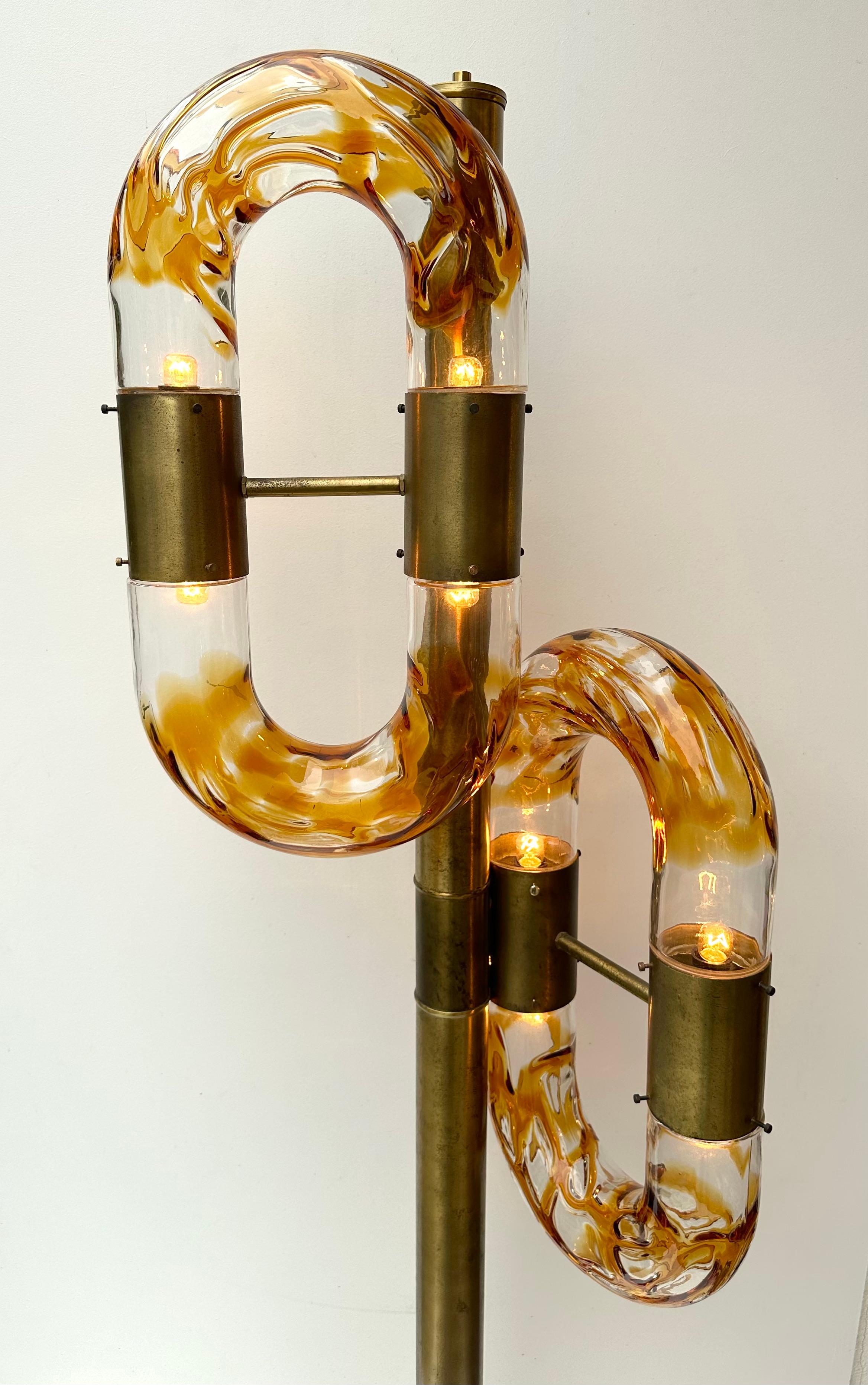 Italian Brass Floor Lamp Murano Glass by Aldo Nason for Mazzega, Italy, 1970s For Sale