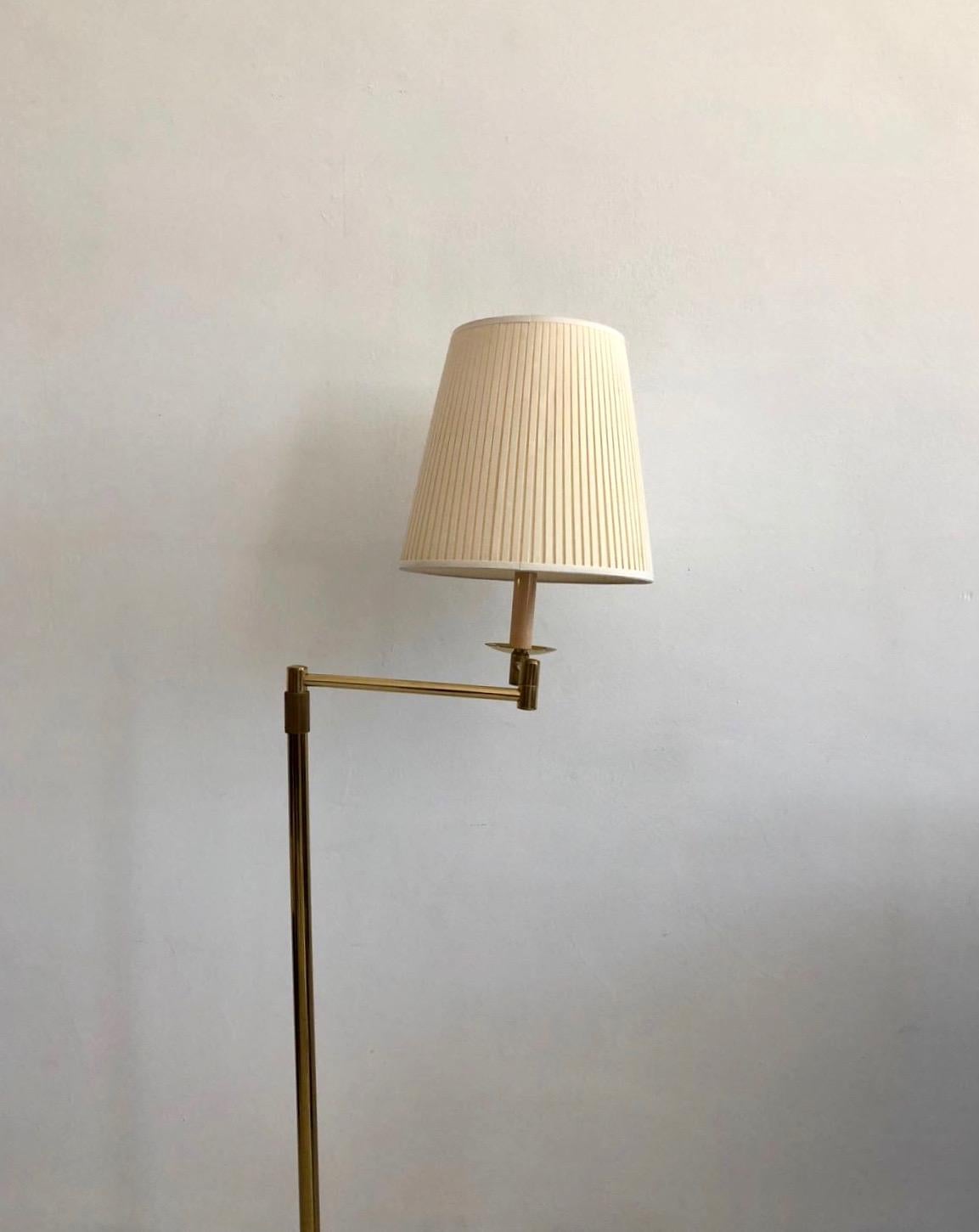 Mid-Century Modern Brass Floor Lamp with Adjustable Arm and Cream Color Shade