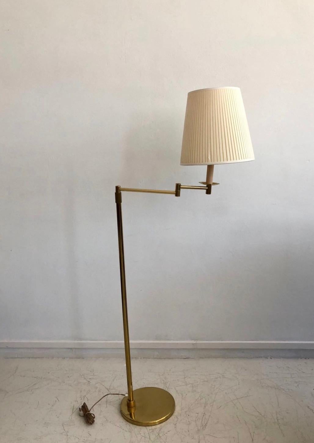 Swedish Brass Floor Lamp with Adjustable Arm and Cream Color Shade