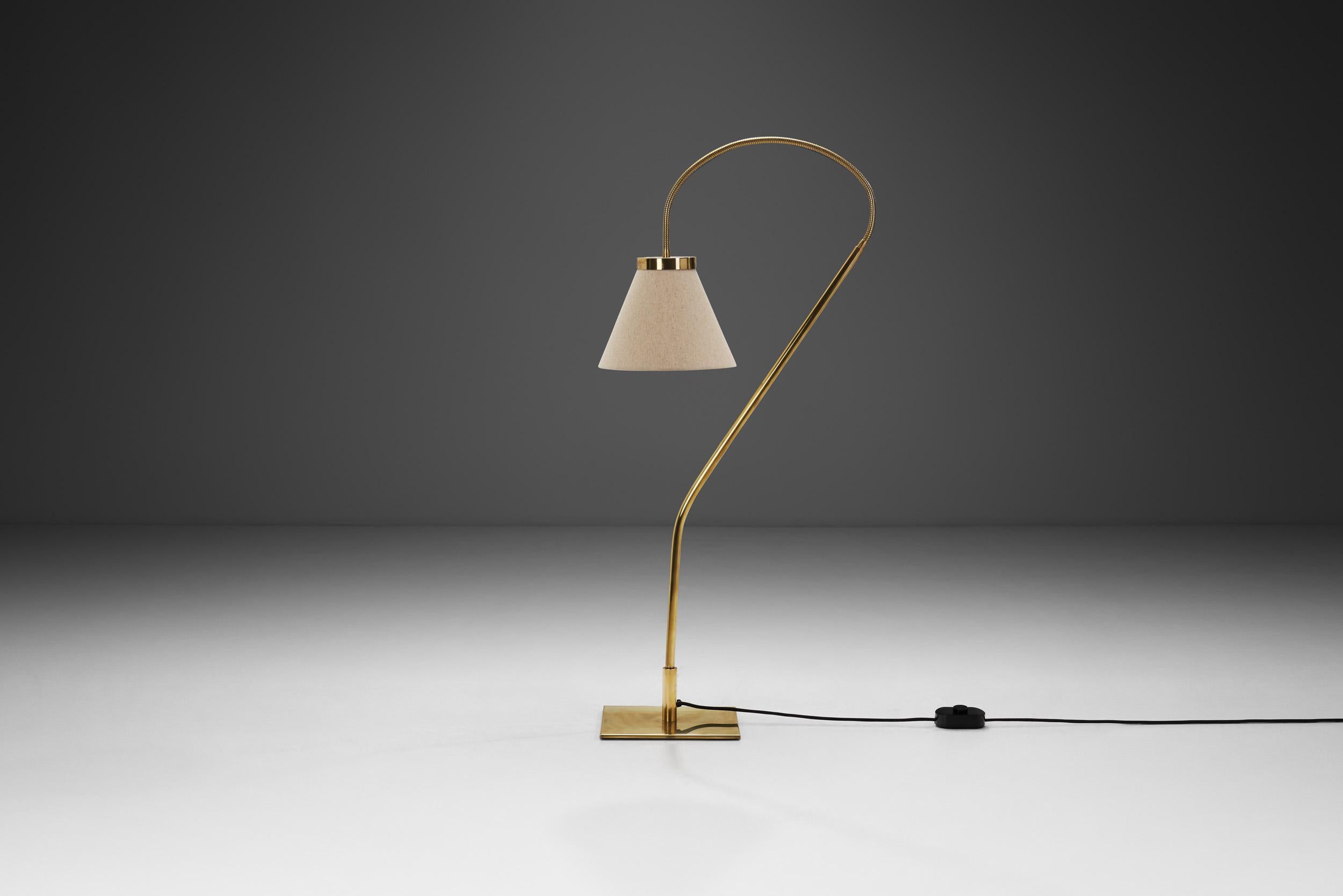 Mid-Century Modern Brass Floor Lamp with Adjustable Gooseneck for Bergboms, Sweden 1940s For Sale
