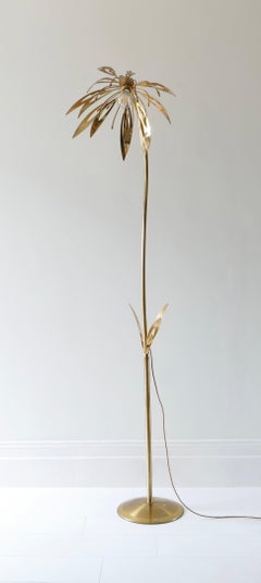 Brass Floor Lamp with Flower Lamp Shade, Italy, 1970s