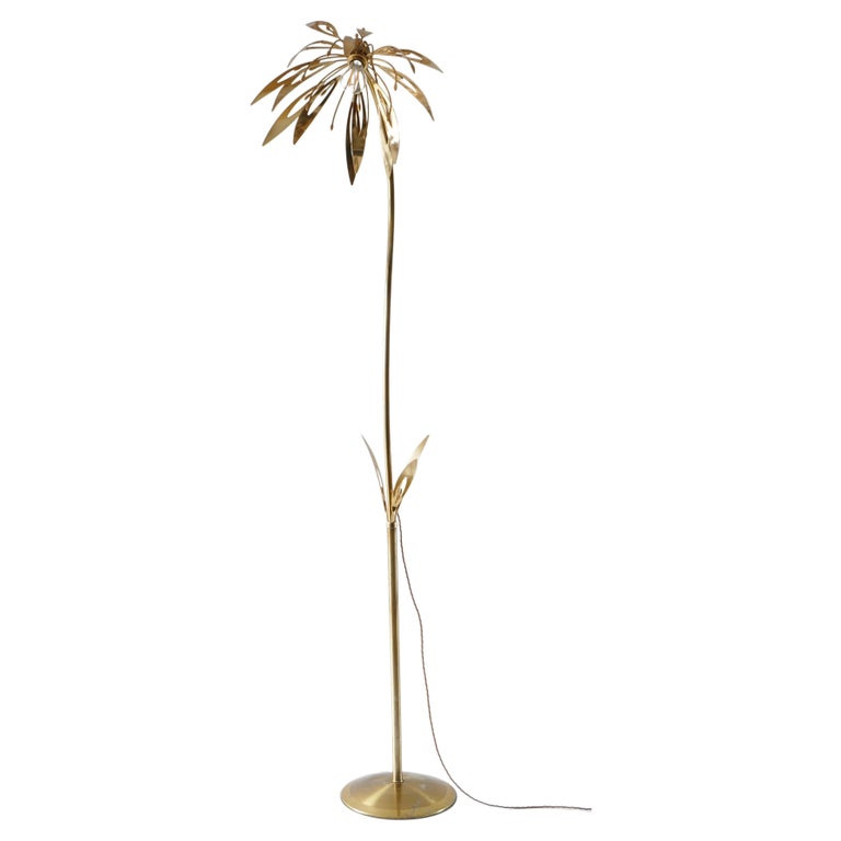 Brass Floor Lamp with Flower Lamp Shade, Italy, 1970s For Sale at 1stDibs