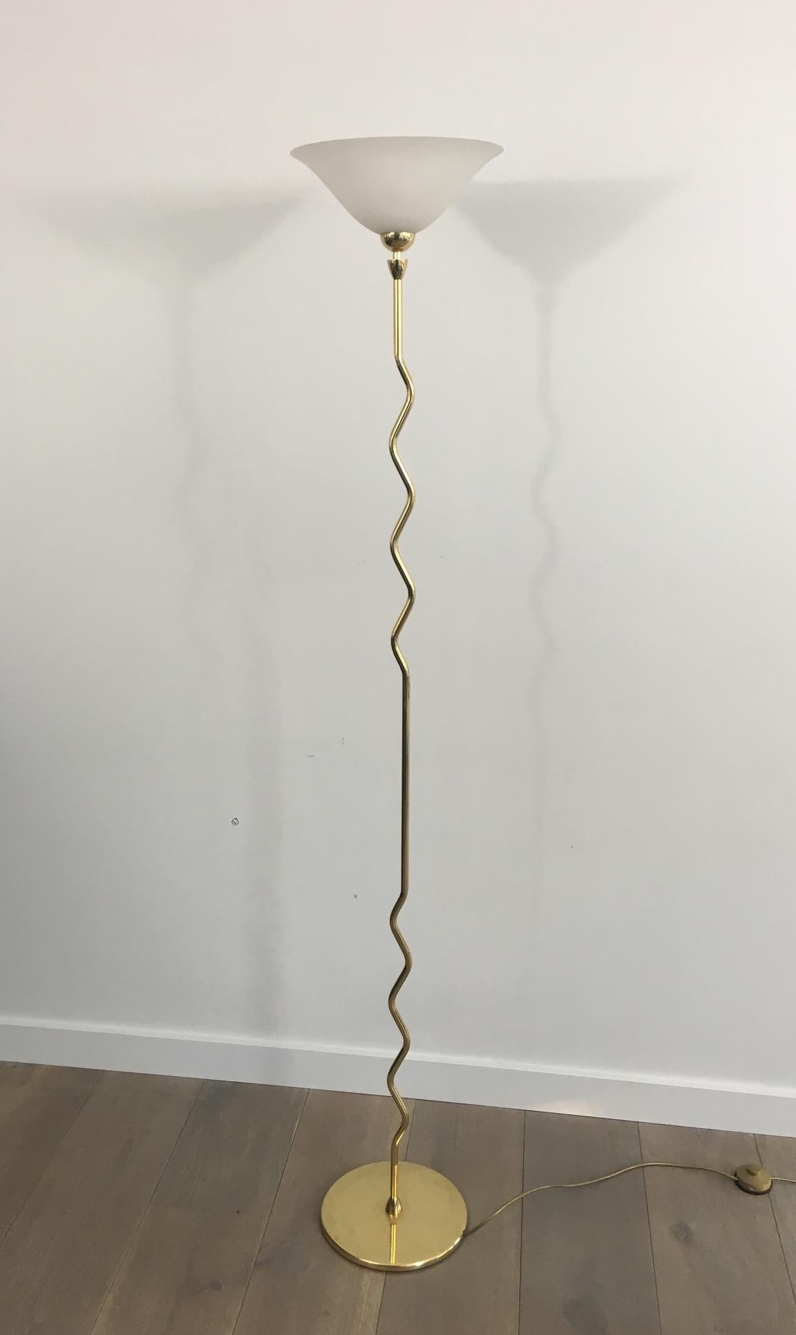 French Brass Floor Lamp with Frosted Glass Cup, circa 1970