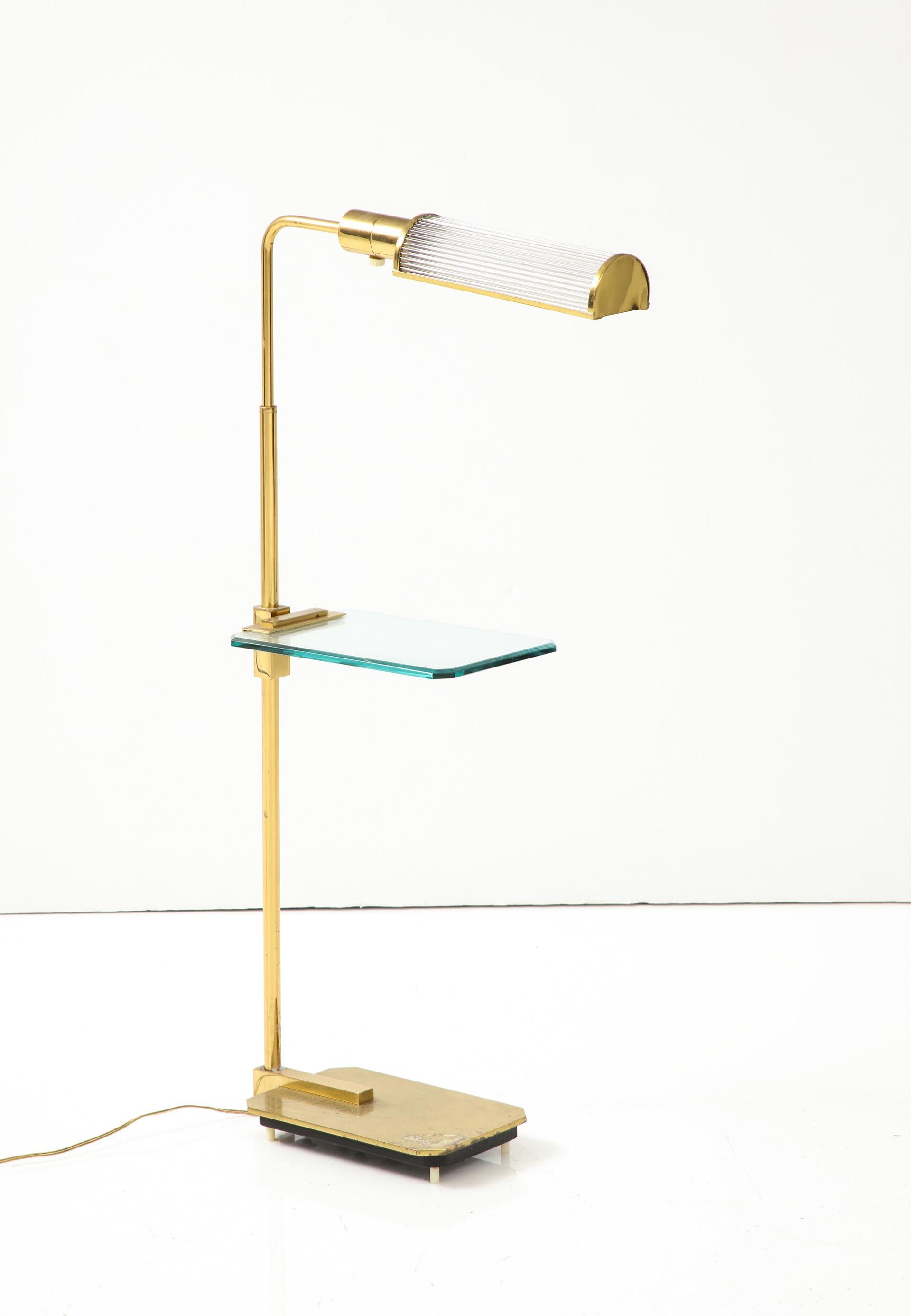 North American Brass Floor lamp with Glass Shade and Glass Shelf For Sale