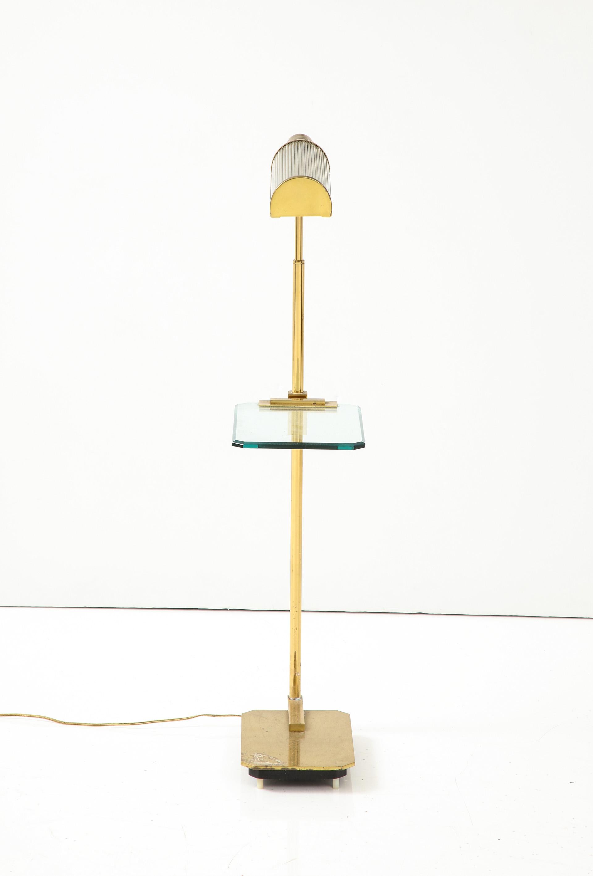 Brass Floor lamp with Glass Shade and Glass Shelf For Sale 1