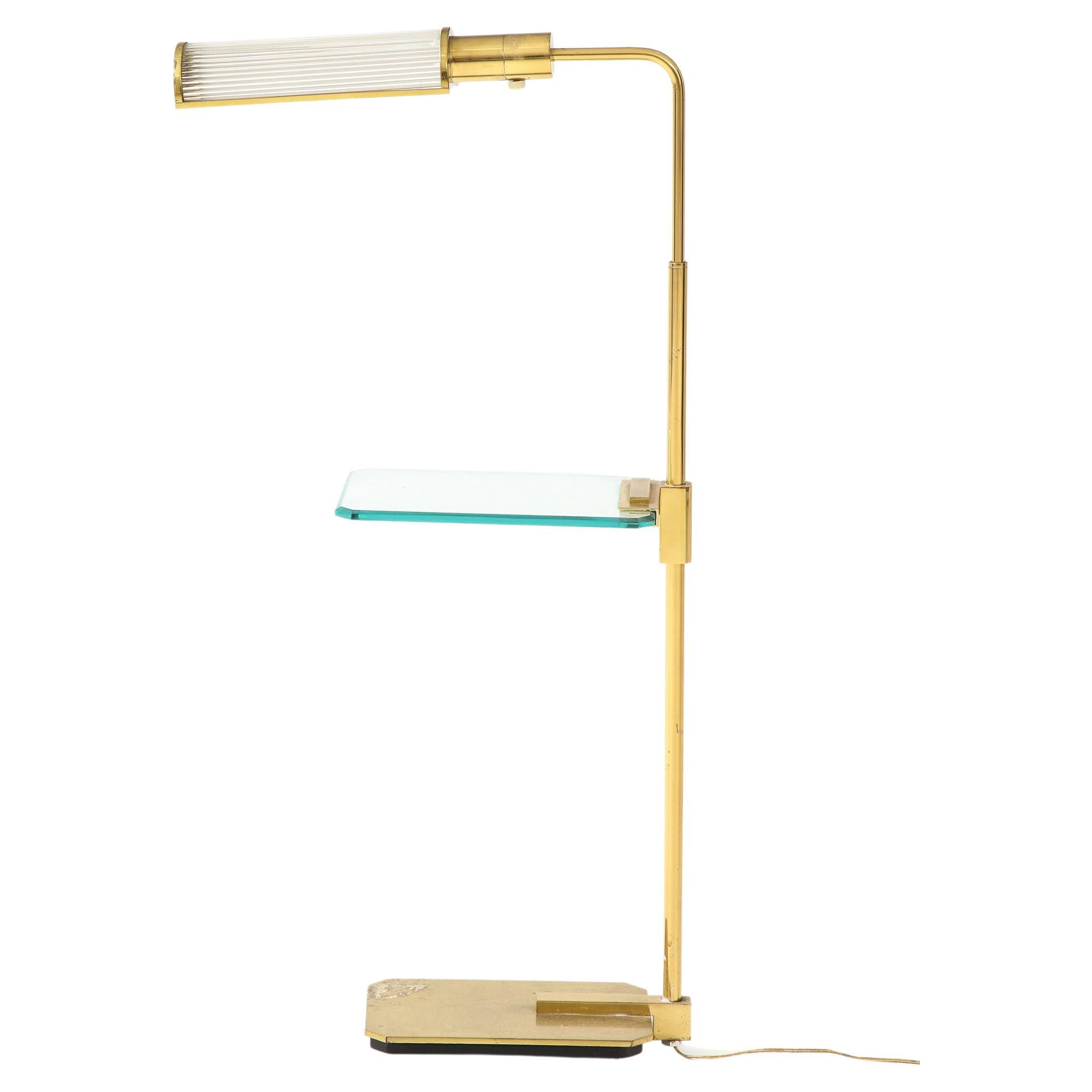 Brass Floor lamp with Glass Shade and Glass Shelf For Sale