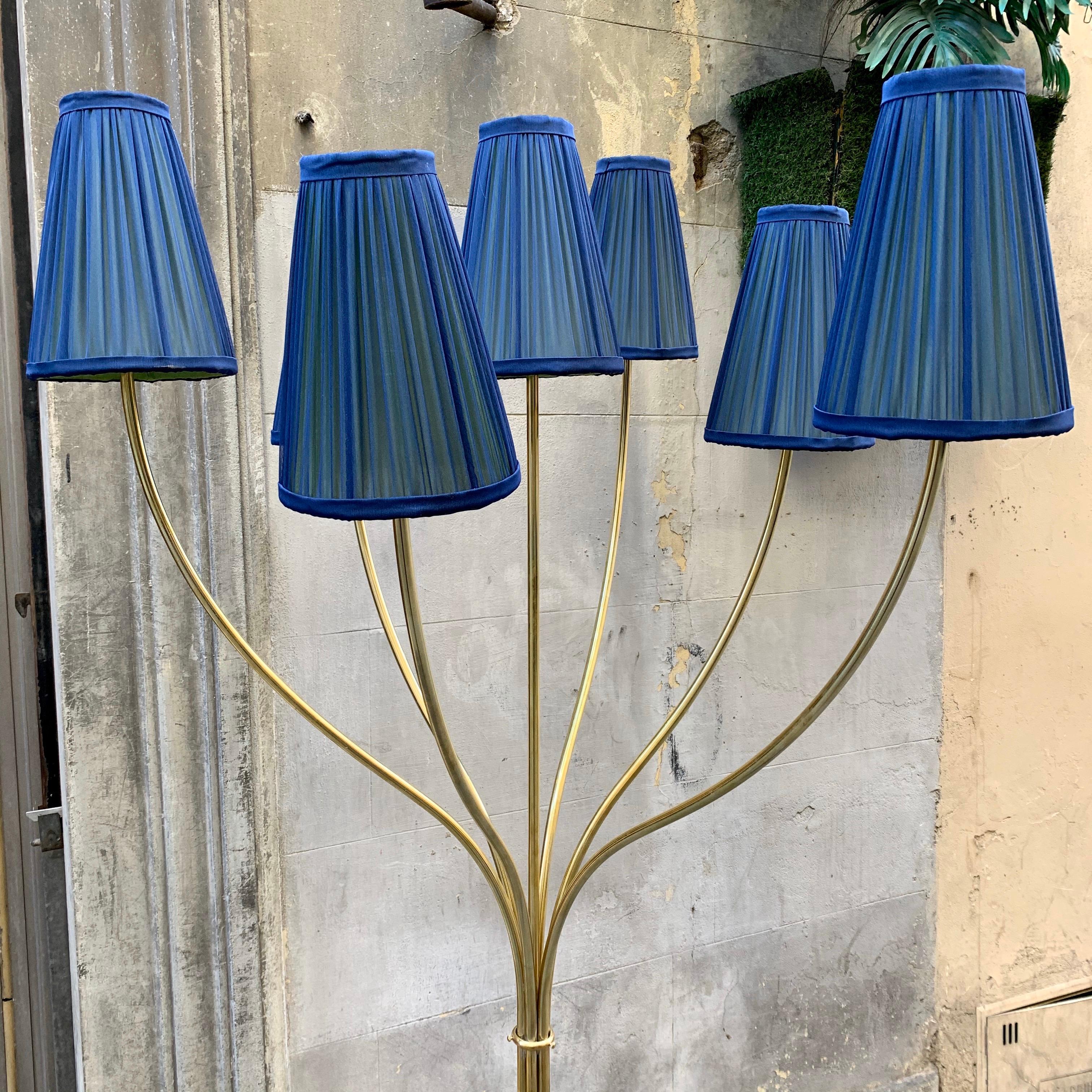 Italian Brass Floor Lamp with Our Handcrafted Double Color Lampshades, 1970s