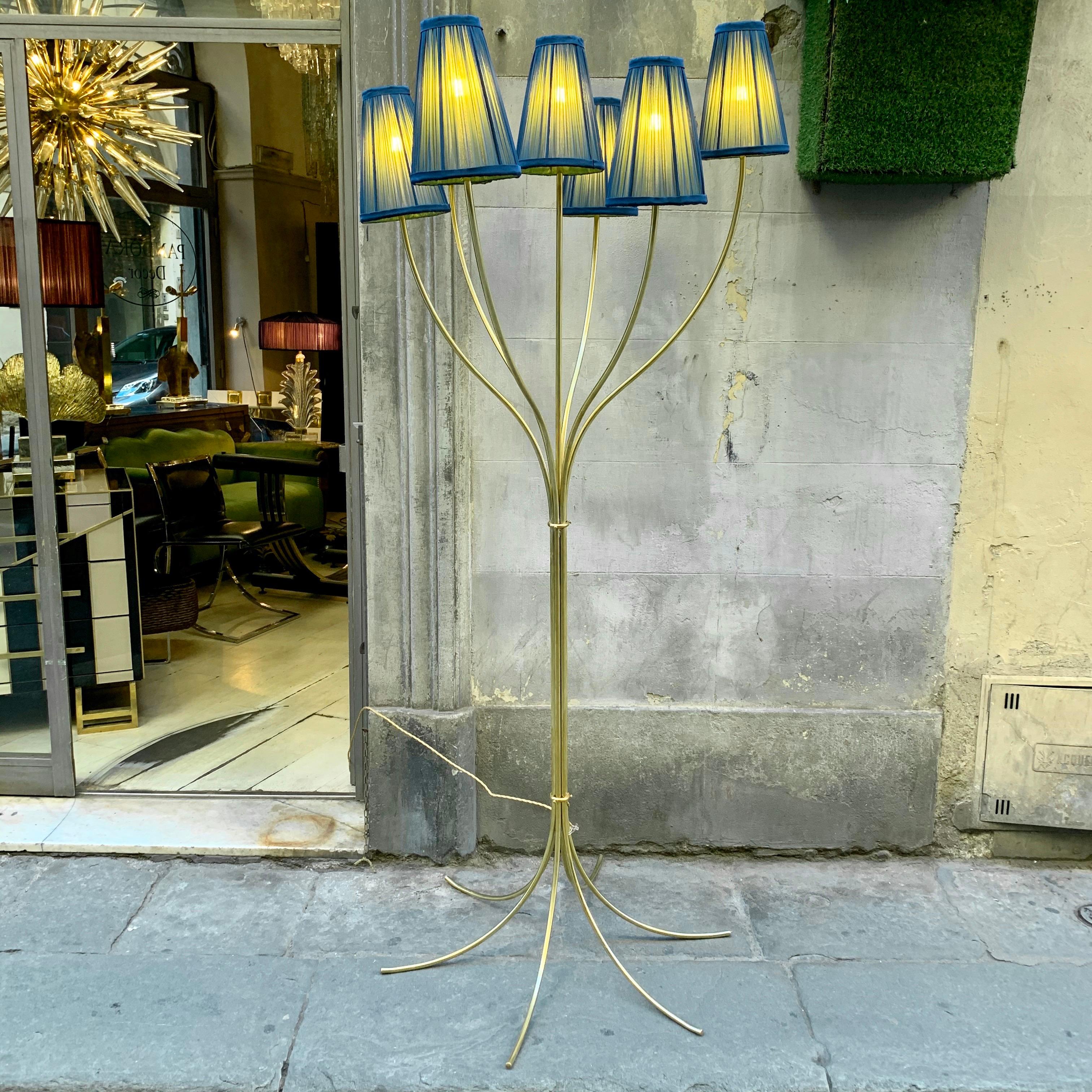 Brass Floor Lamp with Our Handcrafted Double Color Lampshades, 1970s 2