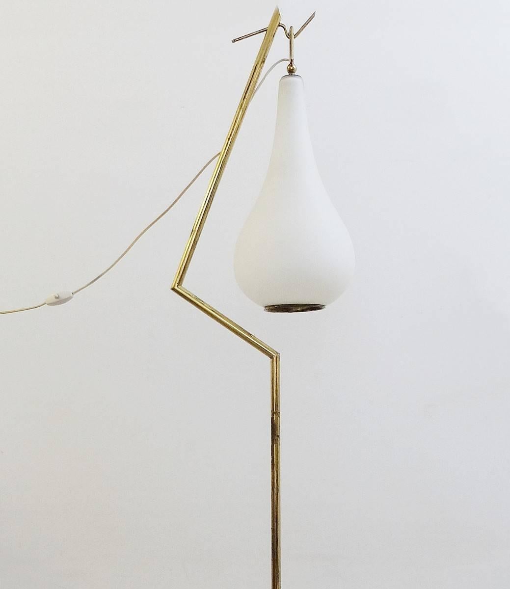 Modern Brass Floor Lamp with White Opaline Drop Glass