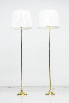 Brass Floor Lamps by Hans-Agne Jakobsson, 1950s, Sweden, hand sewn shades