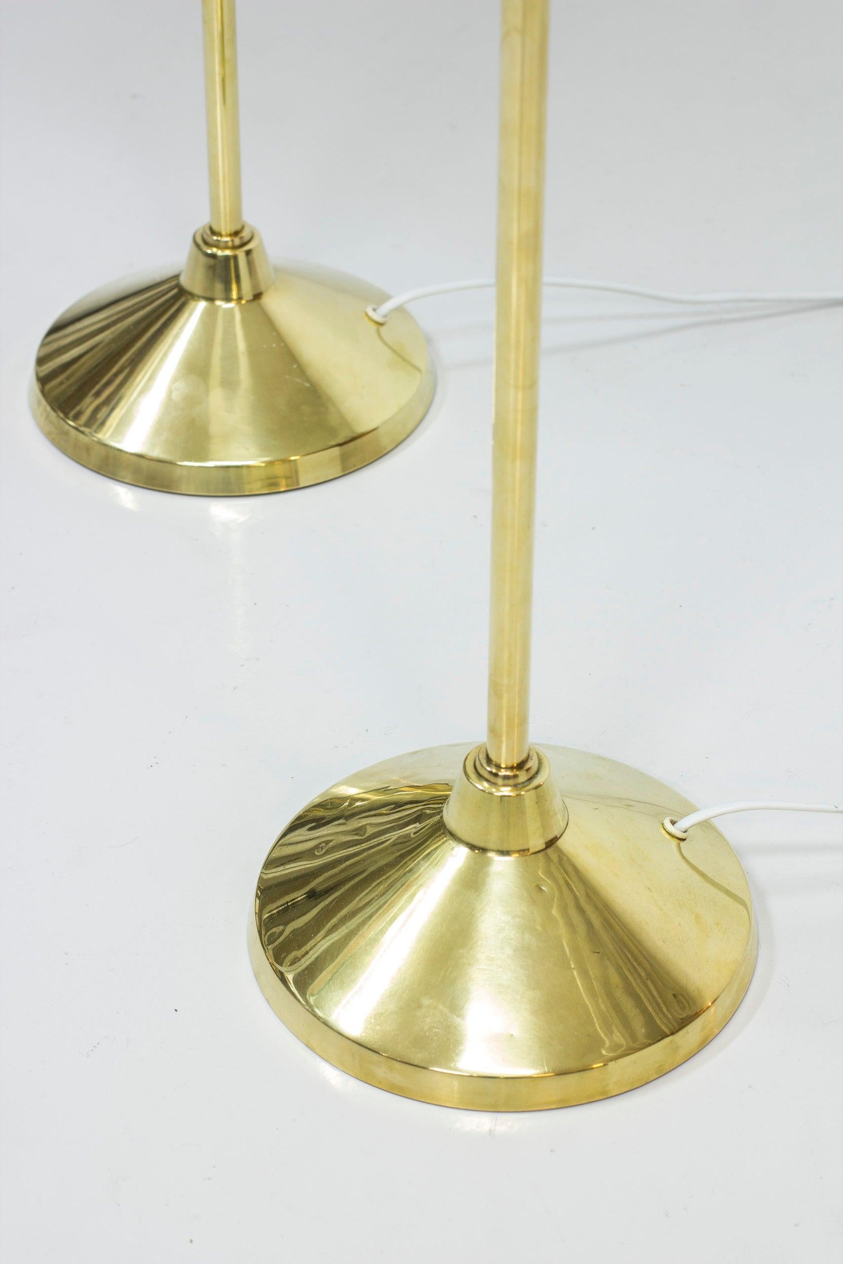 Brass Floor Lamps by Hans-Agne Jakobsson, 1950s, Sweden, hand sewn shades In Good Condition For Sale In Hägersten, SE