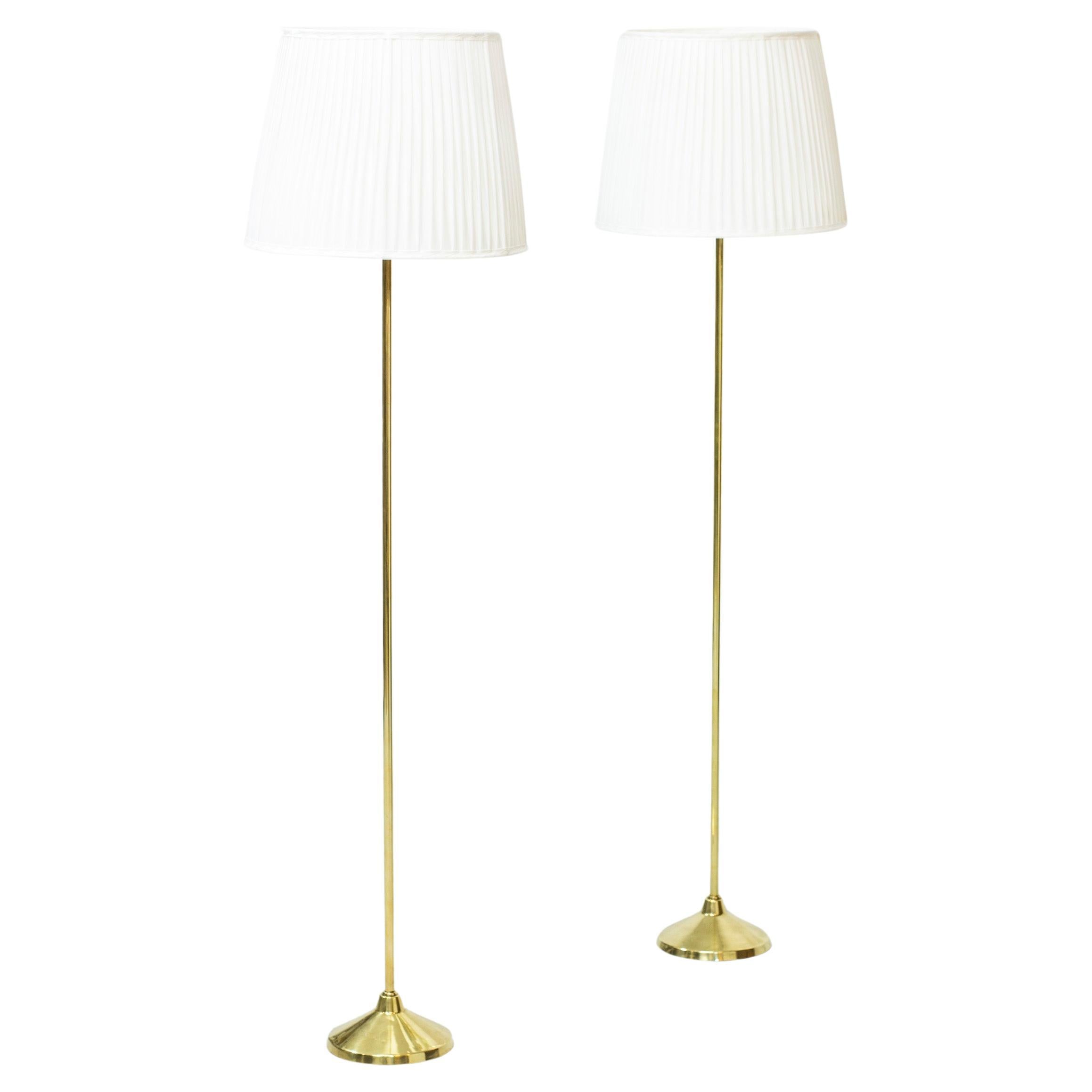Brass Floor Lamps by Hans-Agne Jakobsson, 1950s, Sweden, hand sewn shades