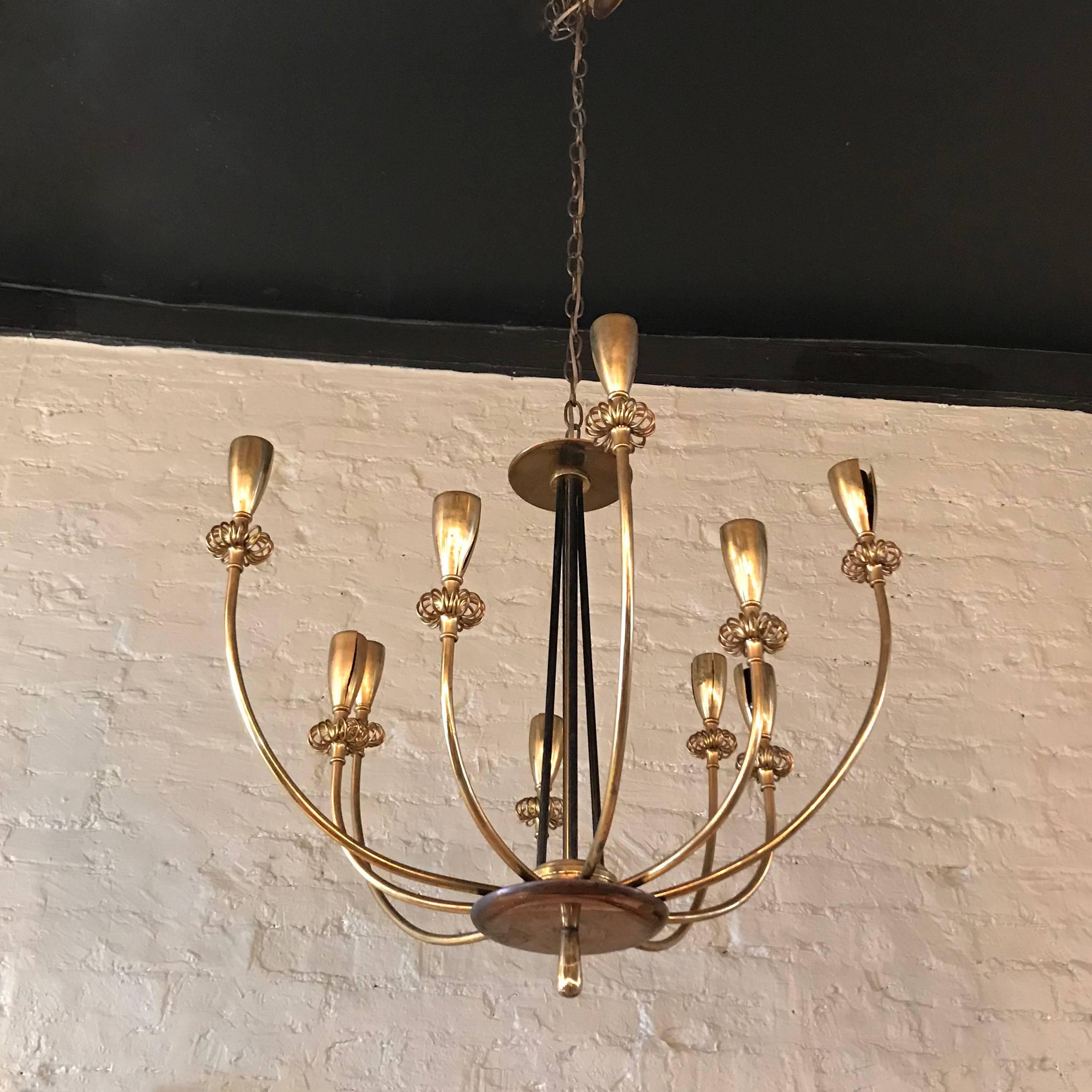 Brass Floral Ten-Arm Flush Mount Chandelier Fixture by Paavo Tynell 4