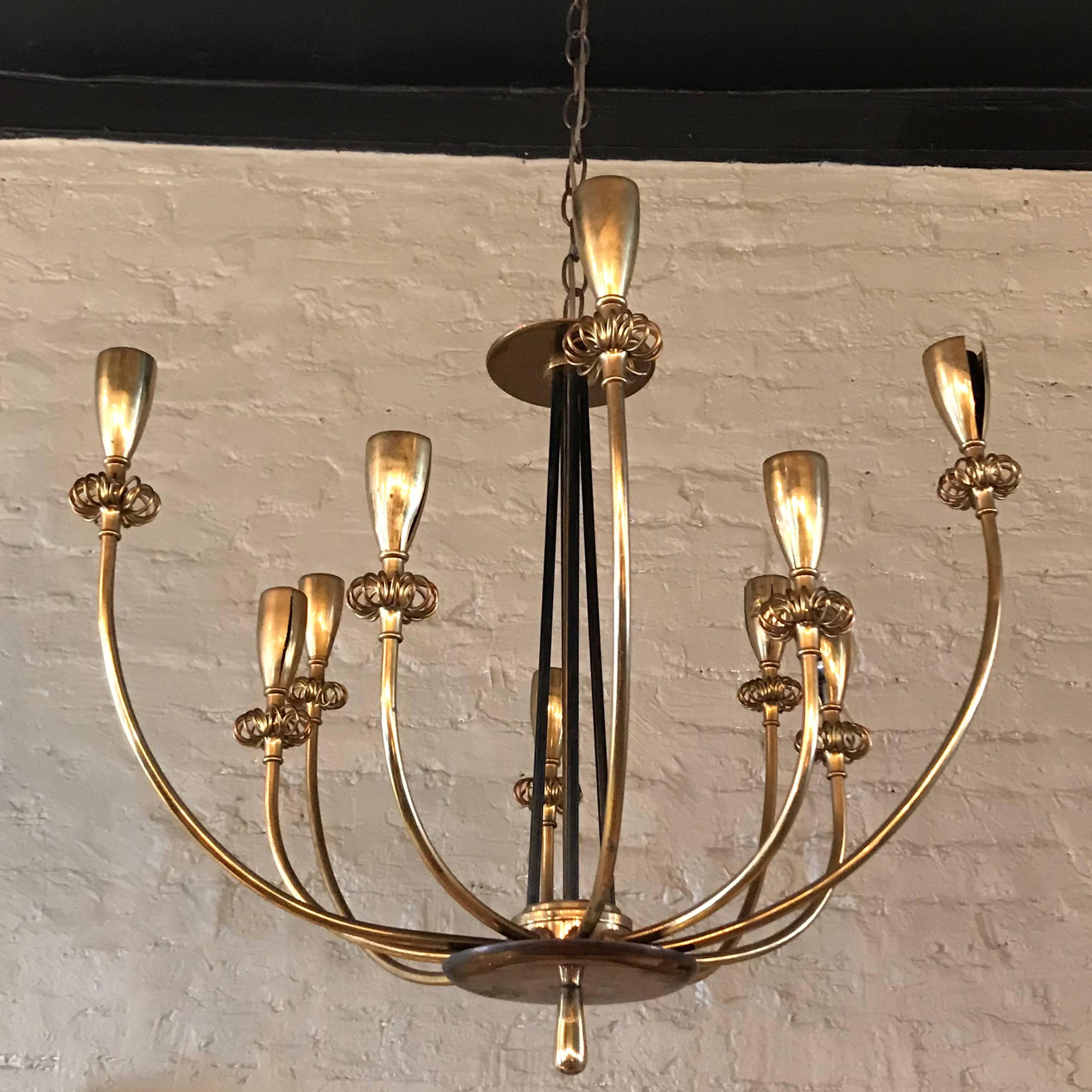 Finnish Brass Floral Ten-Arm Flush Mount Chandelier Fixture by Paavo Tynell