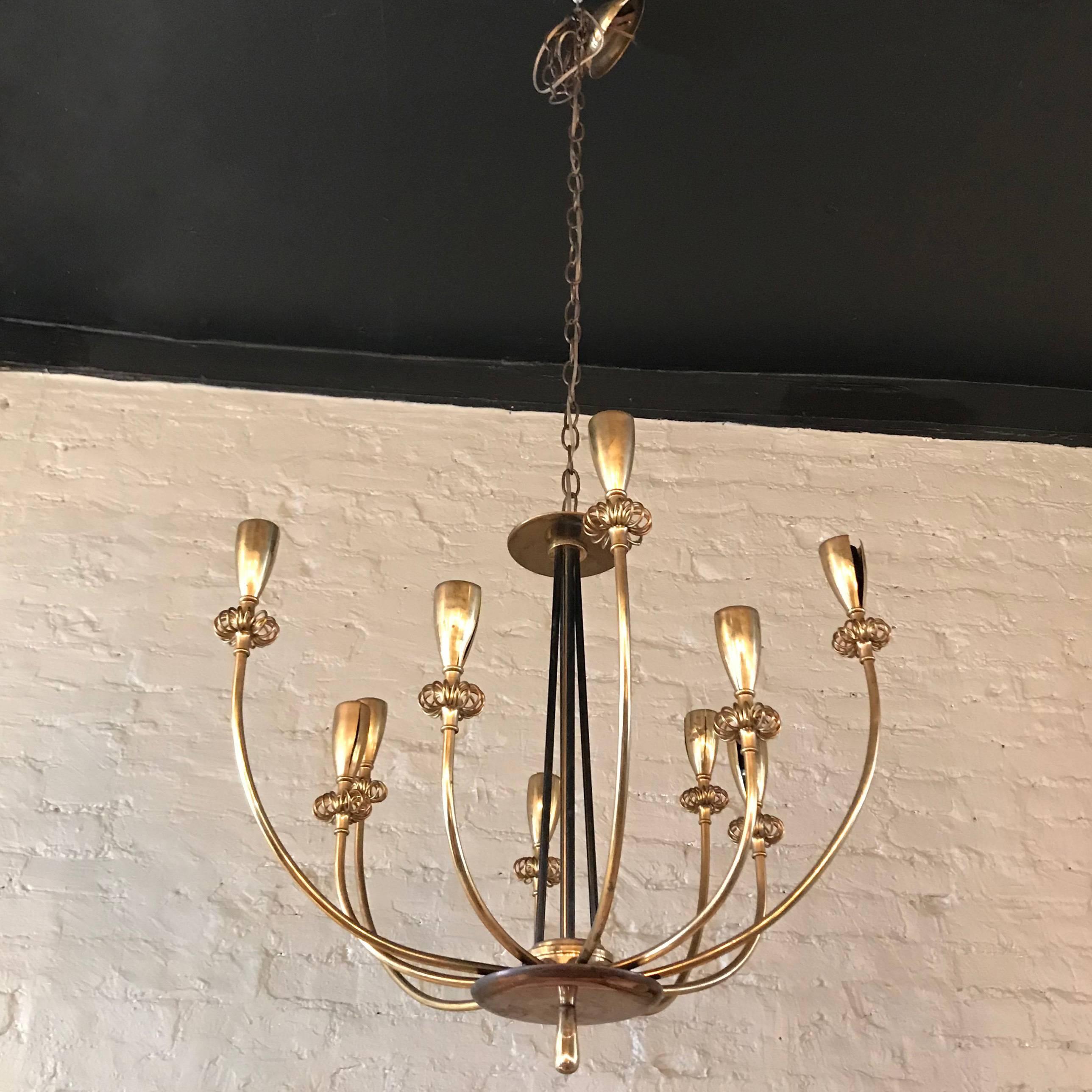 Brass Floral Ten-Arm Flush Mount Chandelier Fixture by Paavo Tynell In Good Condition In Brooklyn, NY
