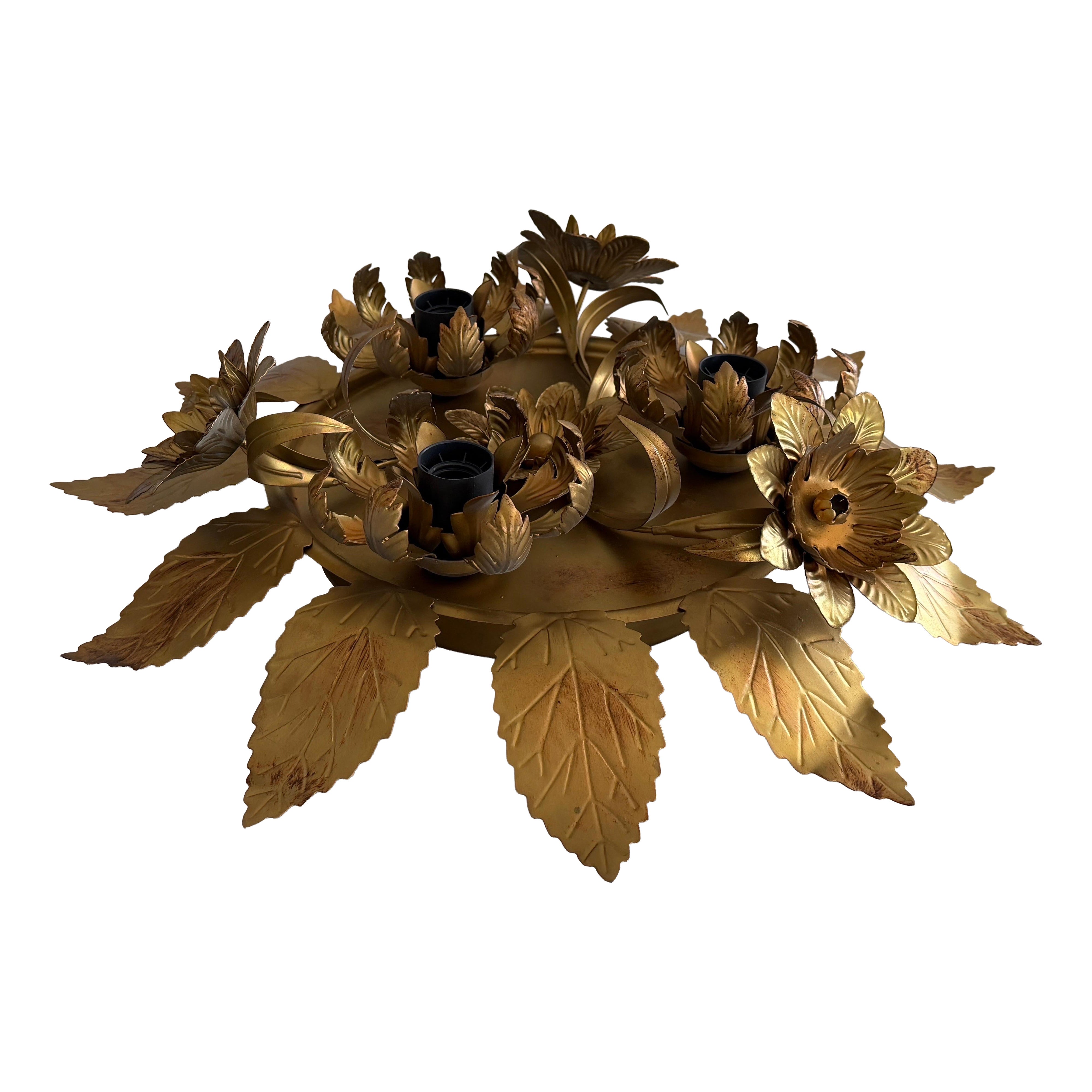 Brass Flower Design 3-armed Flush Mount Lamp, 1960s, Germany