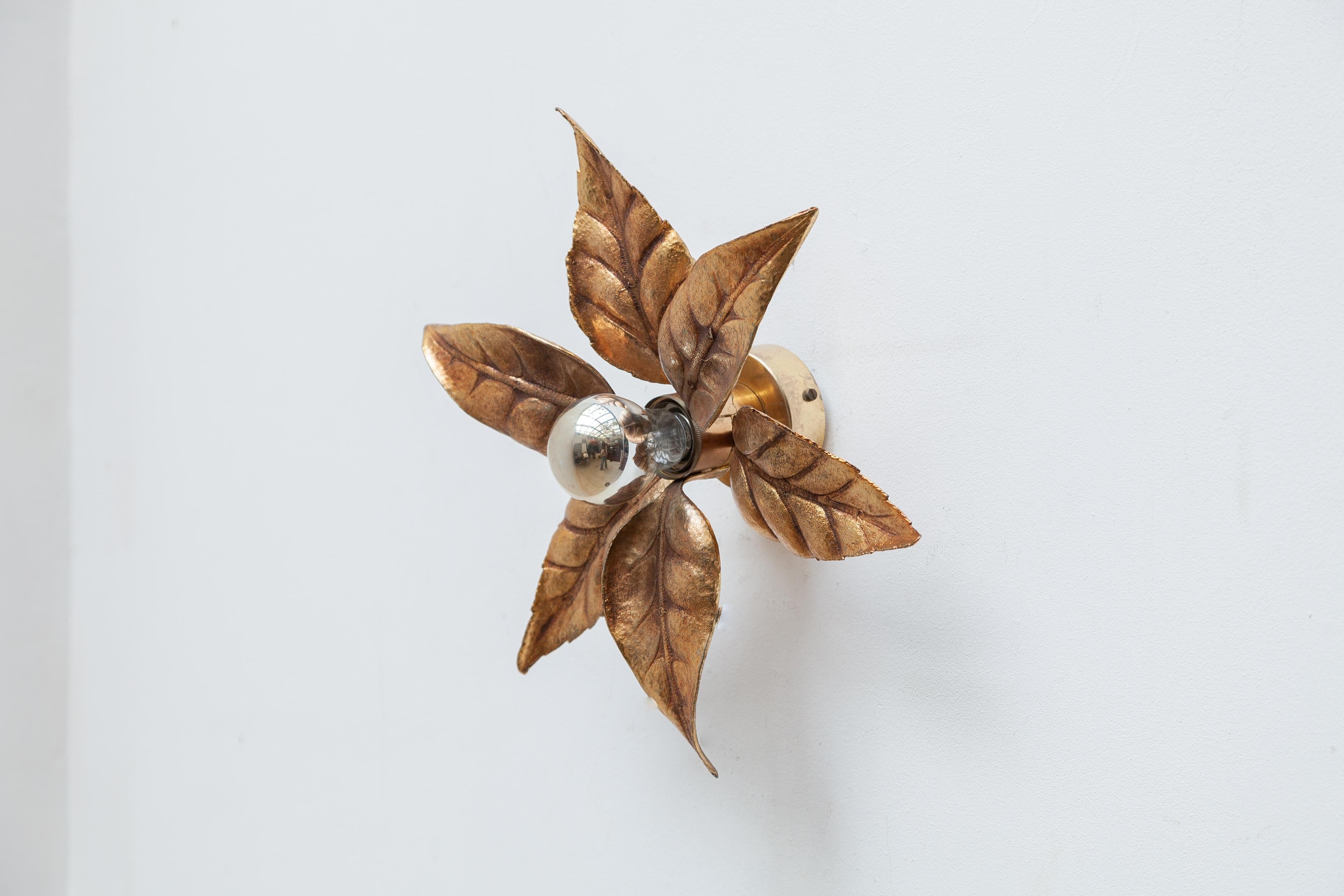 Hollywood Regency Brass Flower Leave Sconces in style of Willy Daro, 1970s, Belgium