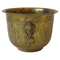 Vintage Brass Flower Plant Holder Cachepot Jardiniere w/Lion Head Design Regency Style