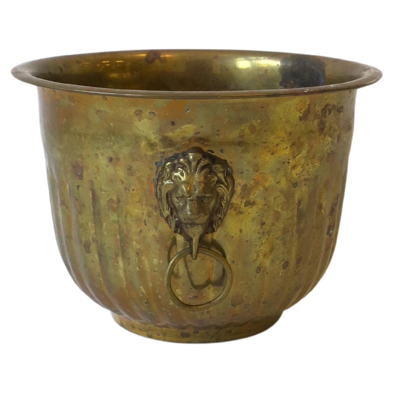 Brass Flower Plant Holder Cachepot Jardiniere w/Lion Head Design