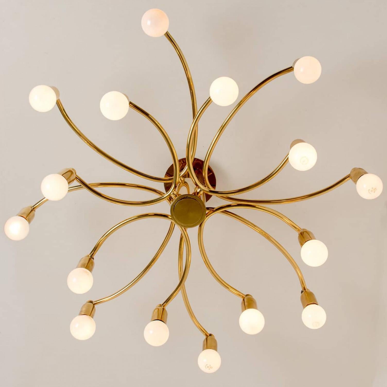 German Brass Flush Mount 16 arms by Sciolari, 1960s For Sale