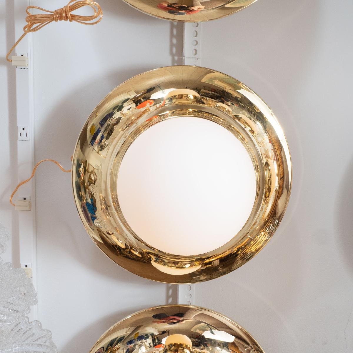 Mid-Century Modern Brass Flushmount Fixture with Frosted Globe Shade For Sale