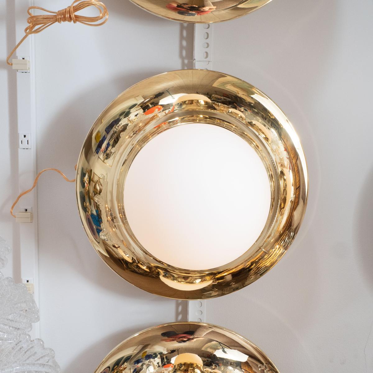 Mid-Century Modern Brass Flushmount Fixture with Frosted Globe Shade