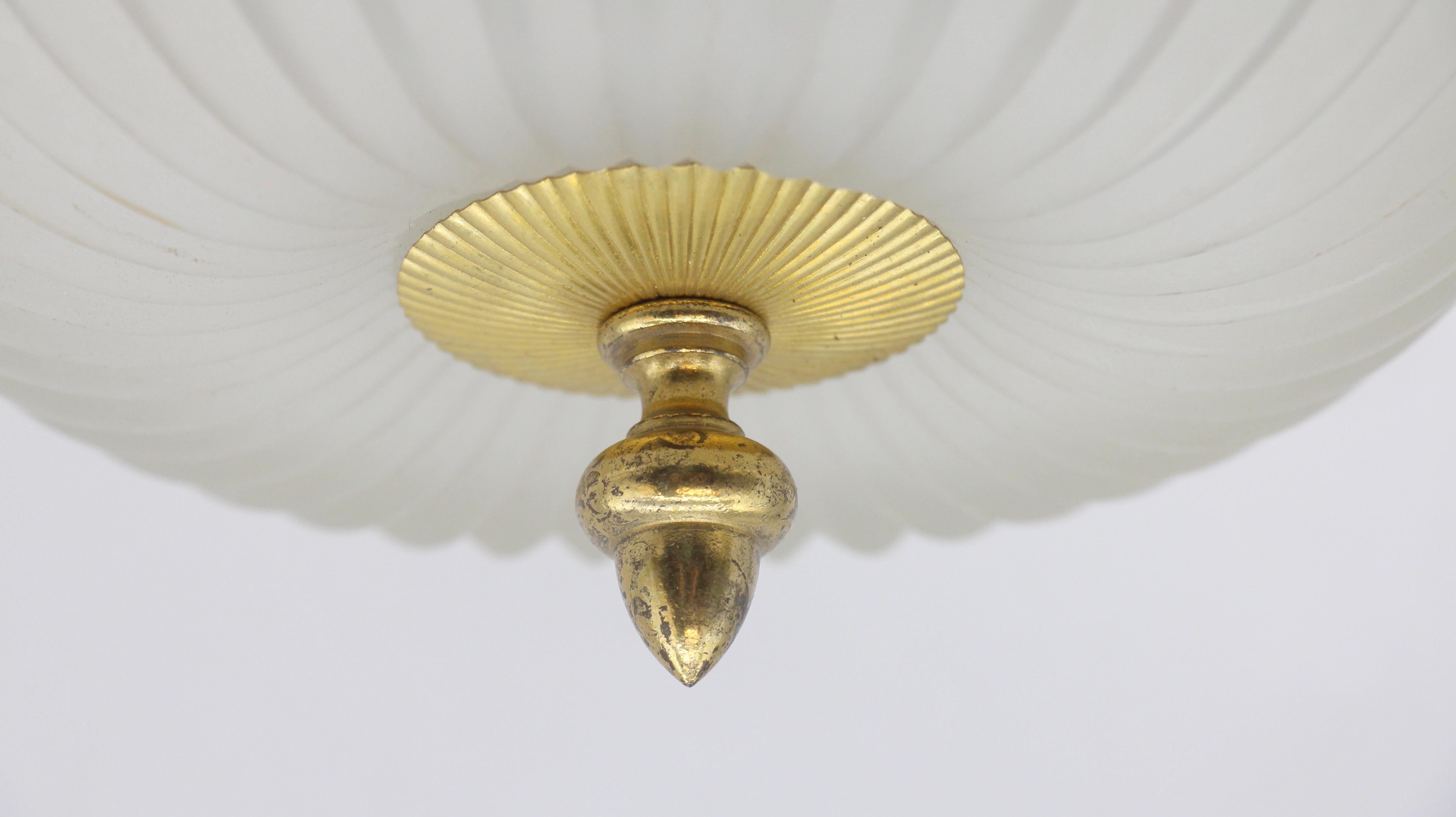 Brass Flush Mount Light Frosted Prism Glass Dome Shade In Good Condition For Sale In New York, NY