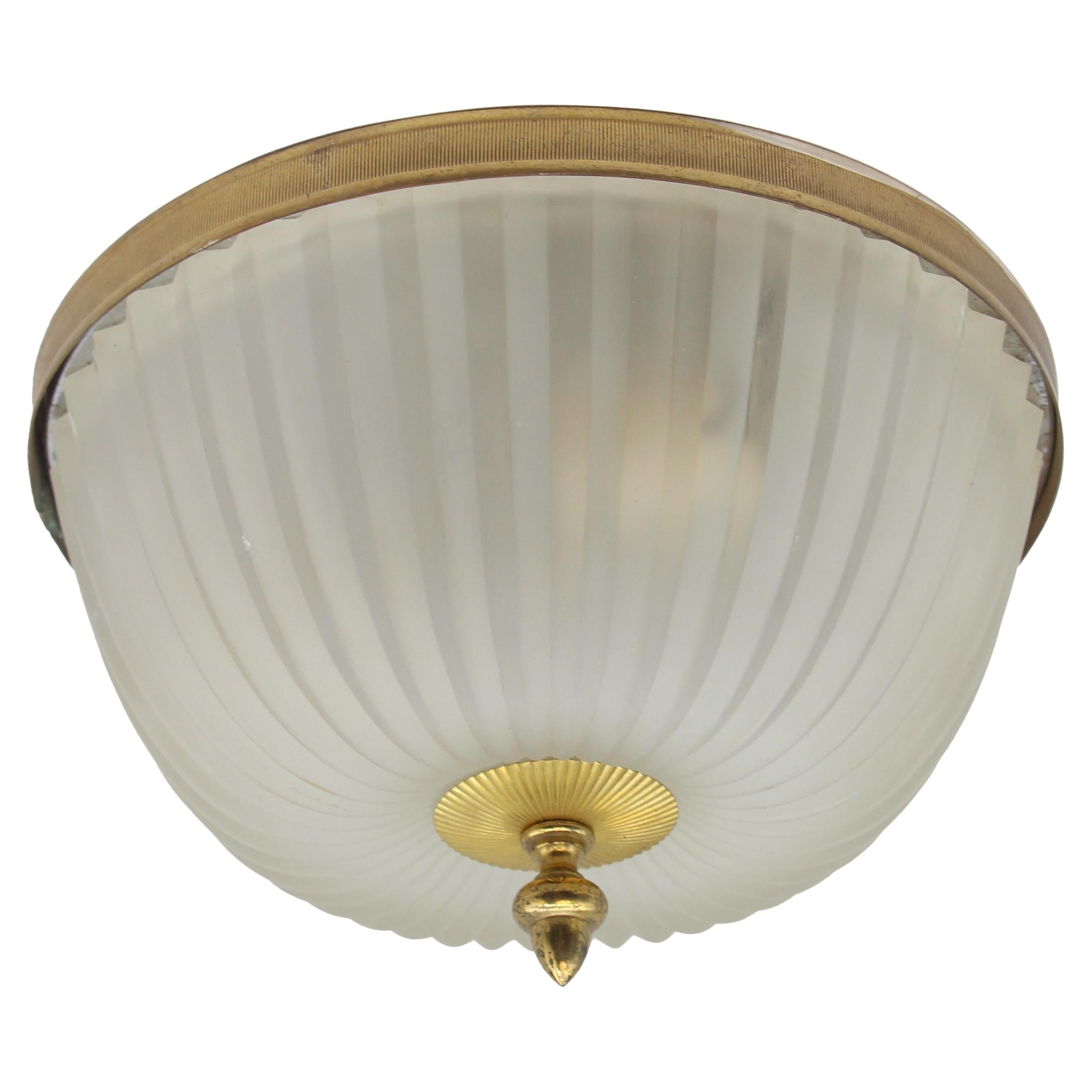 Brass Flush Mount Light Frosted Prism Glass Dome Shade