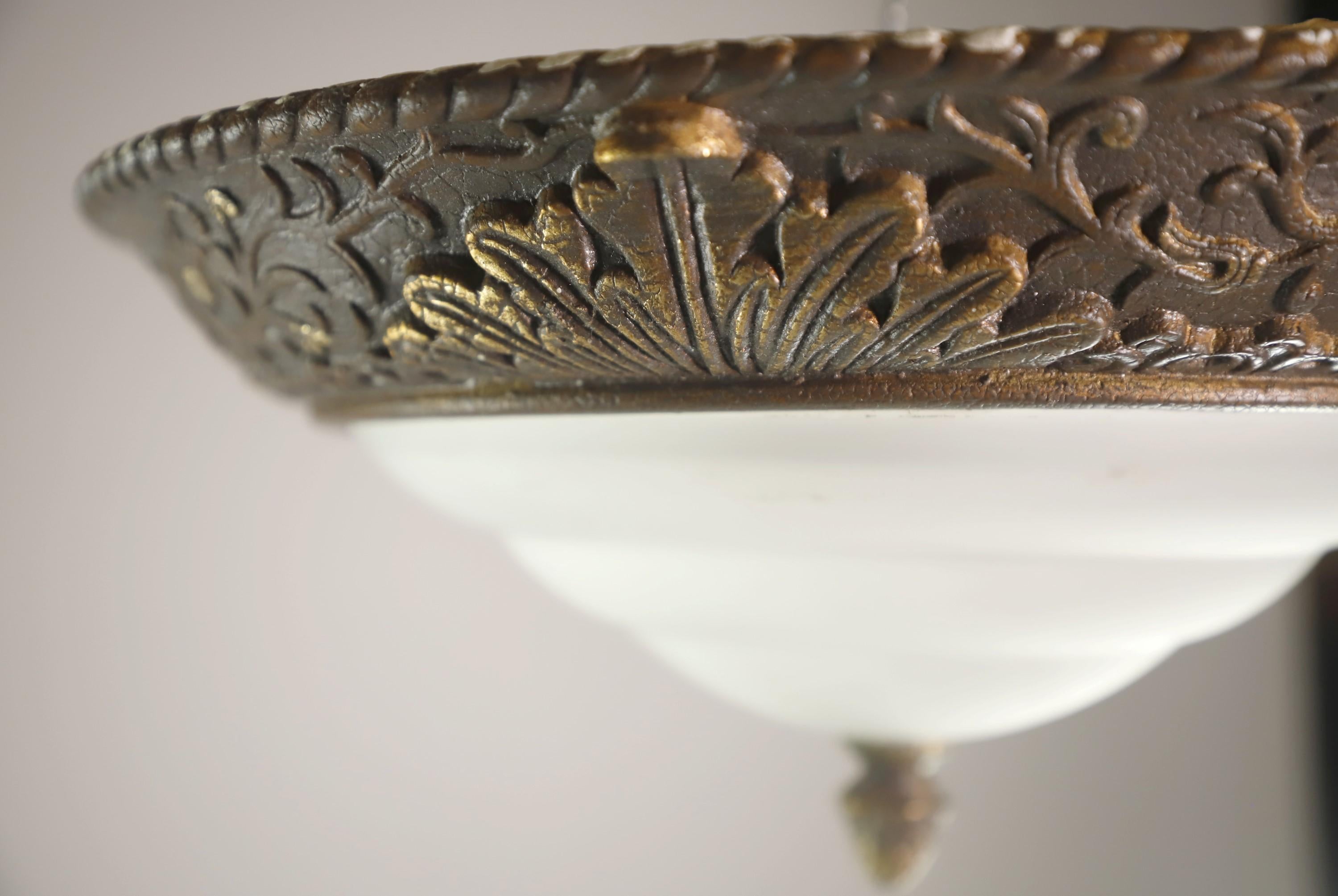 American Brass Flush Mount Light W Layered Frosted Shade Floral Design