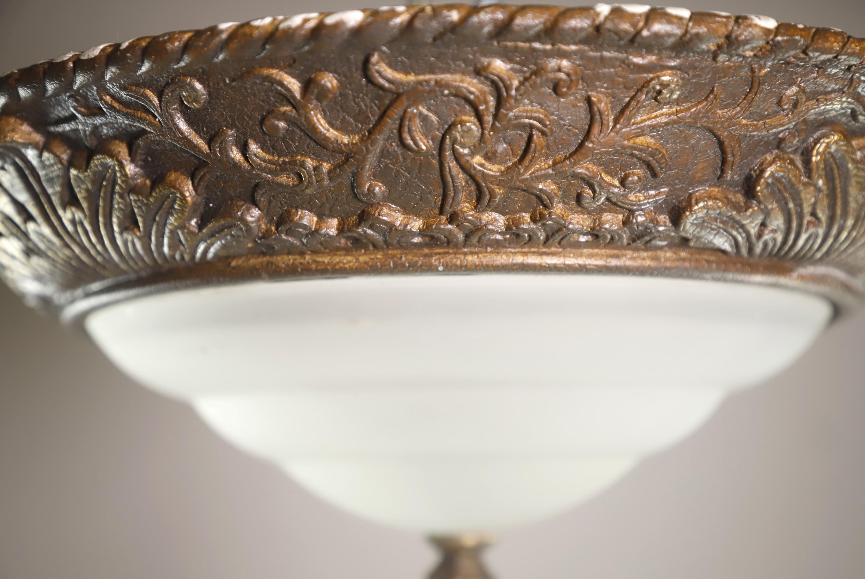 Brass Flush Mount Light W Layered Frosted Shade Floral Design In Good Condition In New York, NY